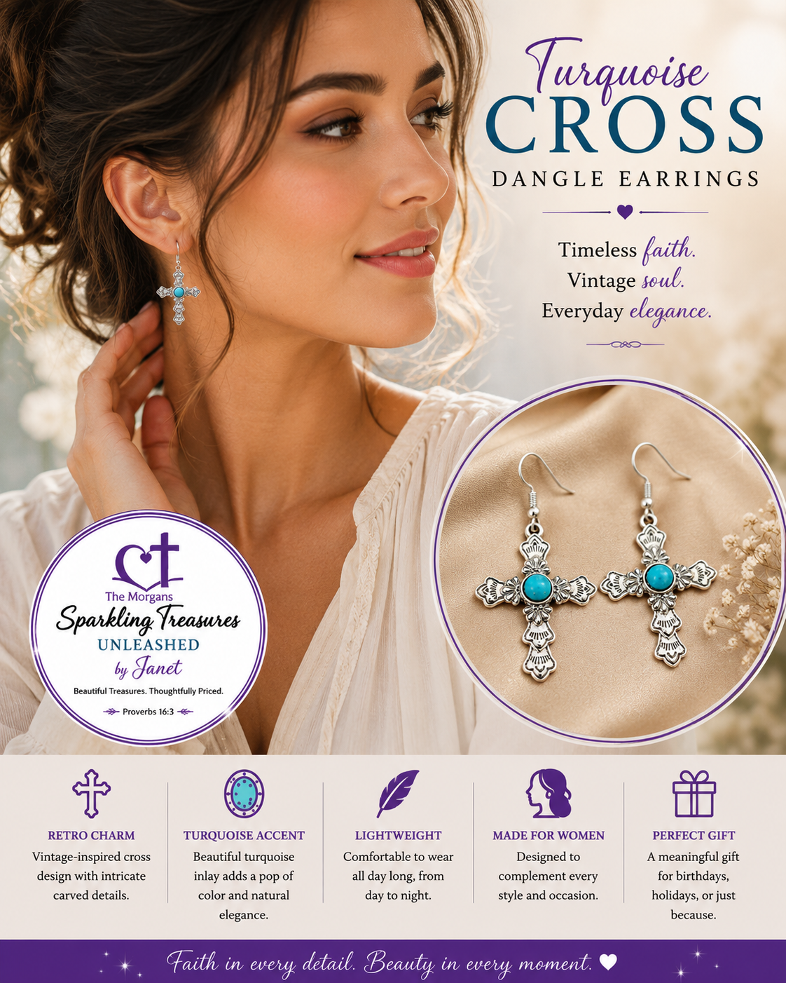 Promotional graphic for turquoise cross dangle earrings, featuring a woman wearing one earring, a close-up inset of the dangling earrings, and marketing text including 'Turquoise CROSS DANGLE EARRINGS' and 'Sparkling Treasures Unleashed by Janet.'.