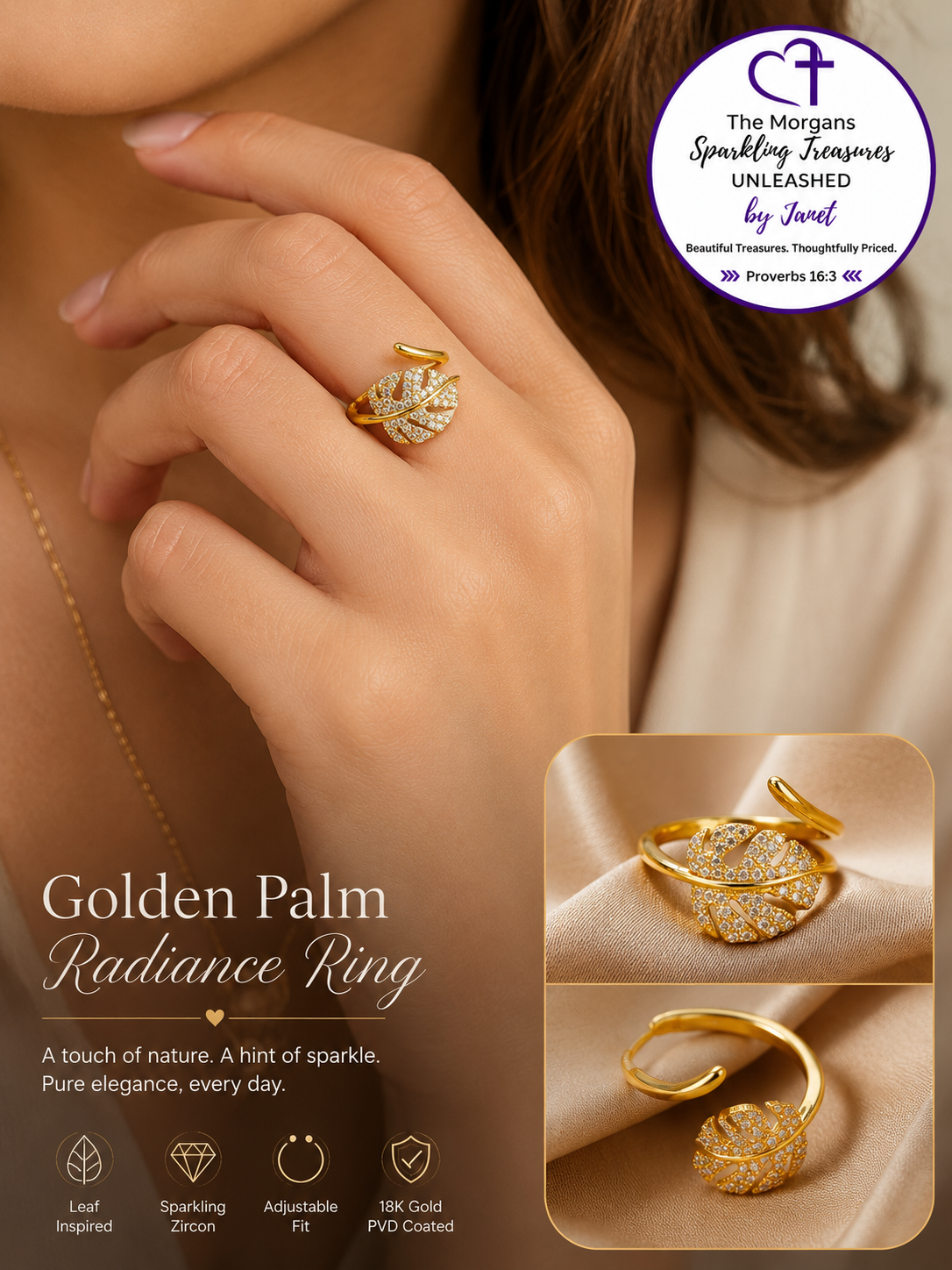 Golden Palm Radiance Ring – 18K Gold PVD Leaf Open Ring