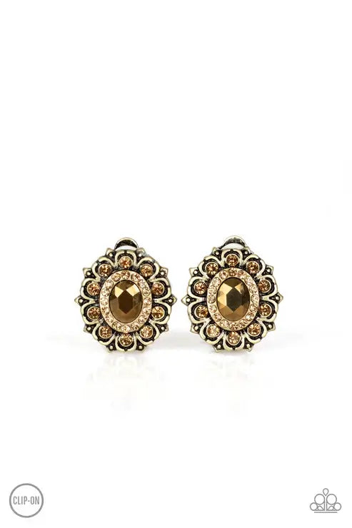 Paparazzi Flowering Dazzle - Brass Clip-On $5 Jewelry with Janet Morgan EARRINGS