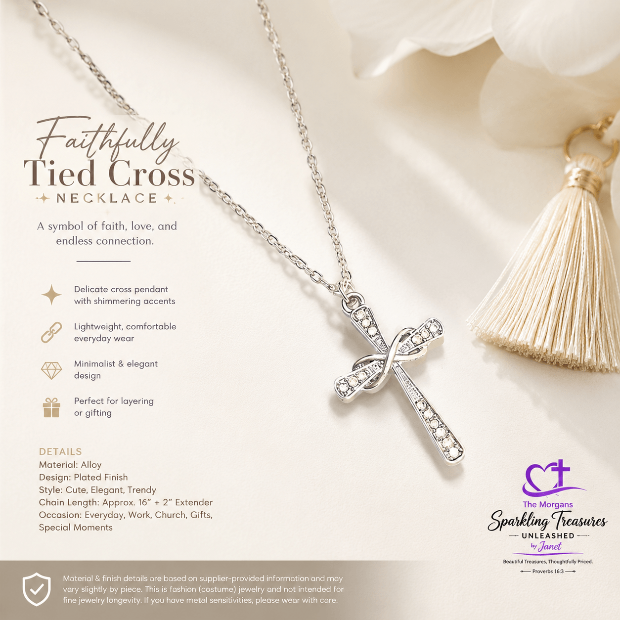 Silver cross necklace with tassel on a light background