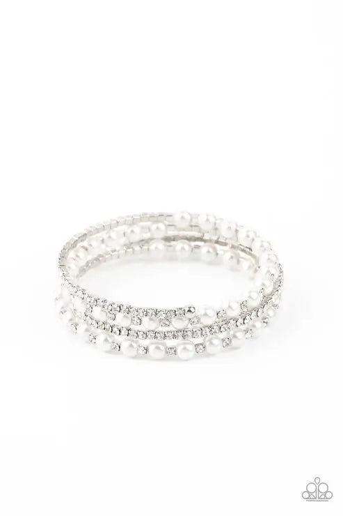 Paparazzi Starry Strut - White Coil Bracelet Accessories,Bracelet,Coil Bracelet,Infinity Wrap,Pearls,White,White rhinestones