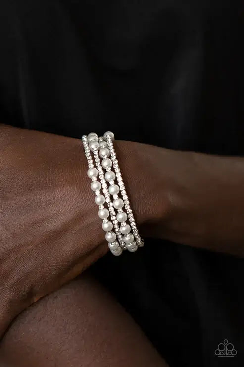 Paparazzi Starry Strut - White Coil Bracelet Accessories,Bracelet,Coil Bracelet,Infinity Wrap,Pearls,White,White rhinestones