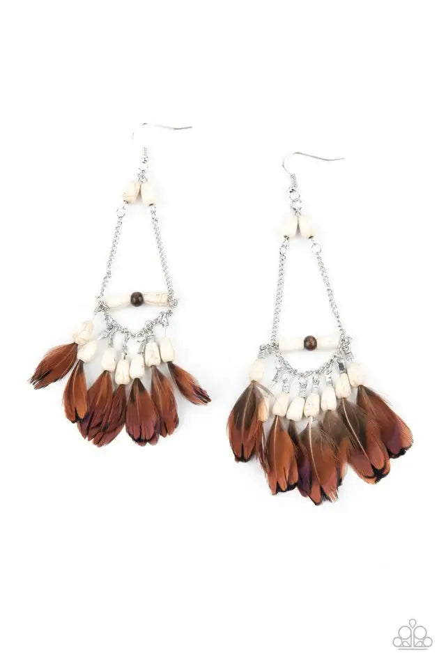 Paparazzi Earring ~ Haute Hawk - White Accessories,Brown,earrings,Feathers,White