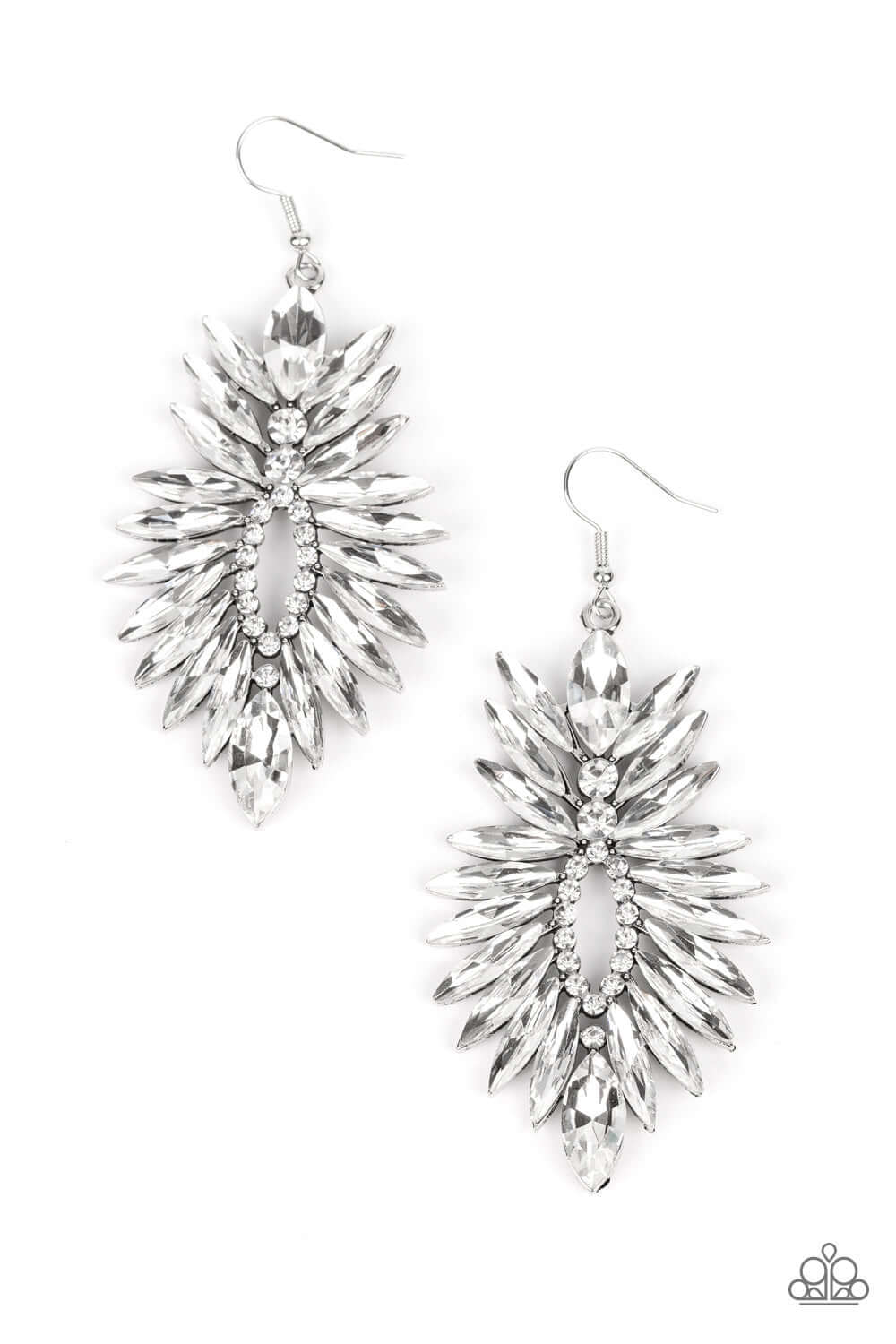 Turn Up the Luxe - White Rhinestone Silver Earring - Paparazzi Life of the Party October 2022 $5 Jewelry with Janet Morgan Earrings