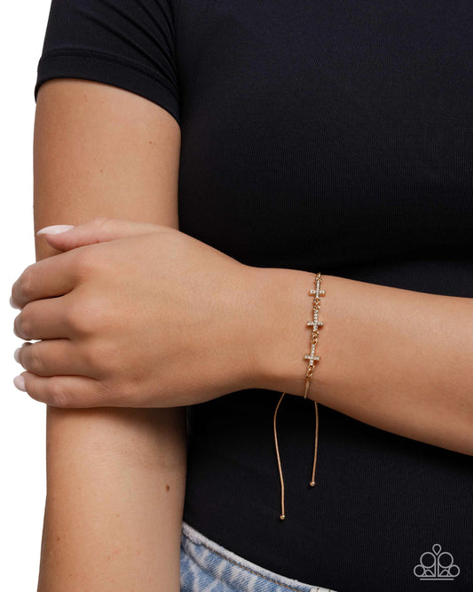 Holy Order - Gold Paparazzi Cross Bracelet Accessories,Bracelet,Cross,Faith,Gold,White rhinestones