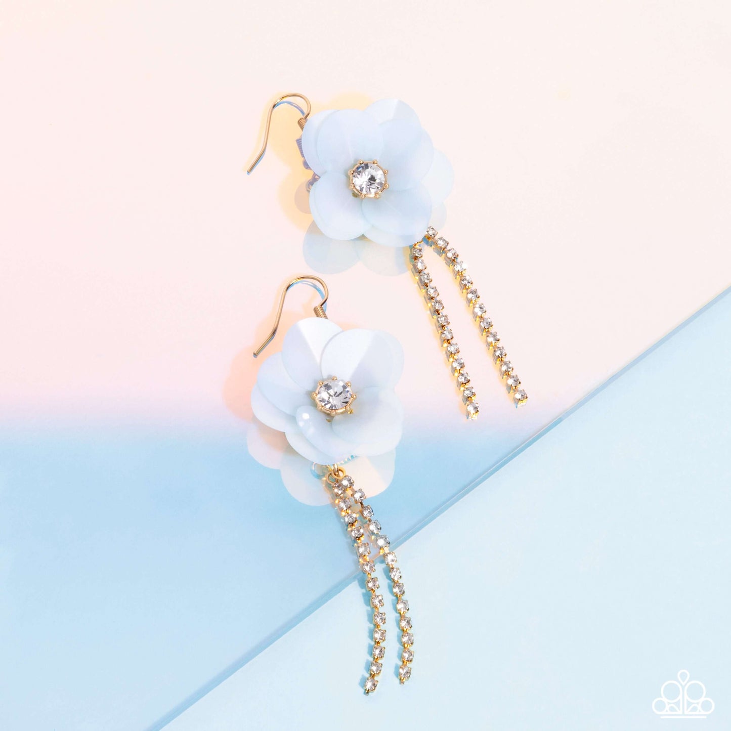 Serene State of Mind - Blue Paparazzi Earrings Accessories,Blue,earrings,Floral,Silver Accents,White rhinestones