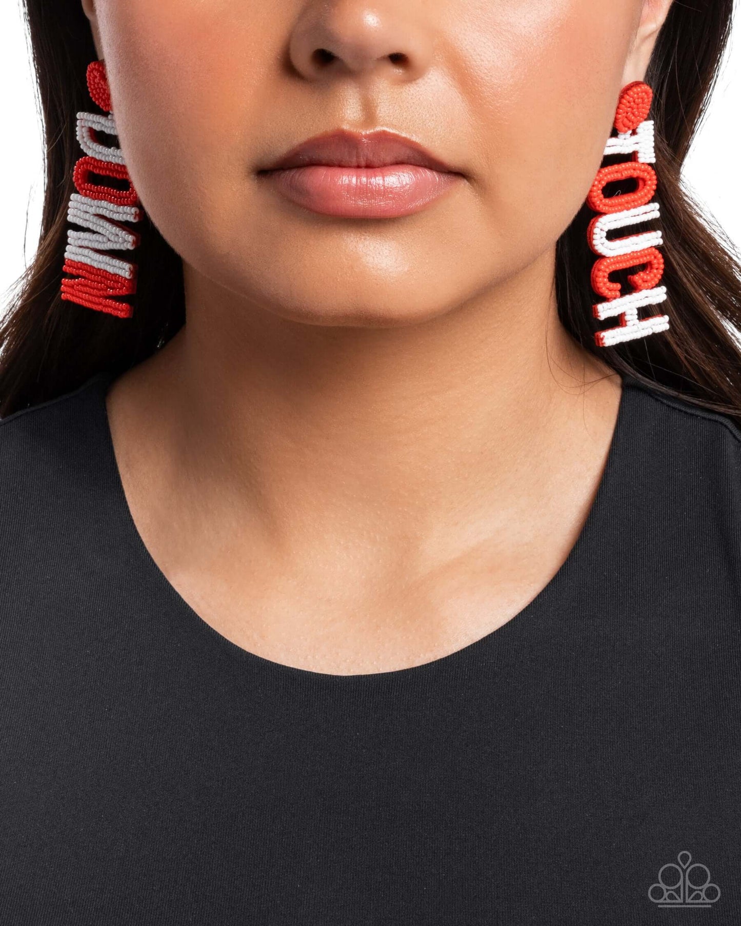 Touchdown Texture - Red Paparazzi Team Earrings $5 Jewelry with Janet Morgan Earrings