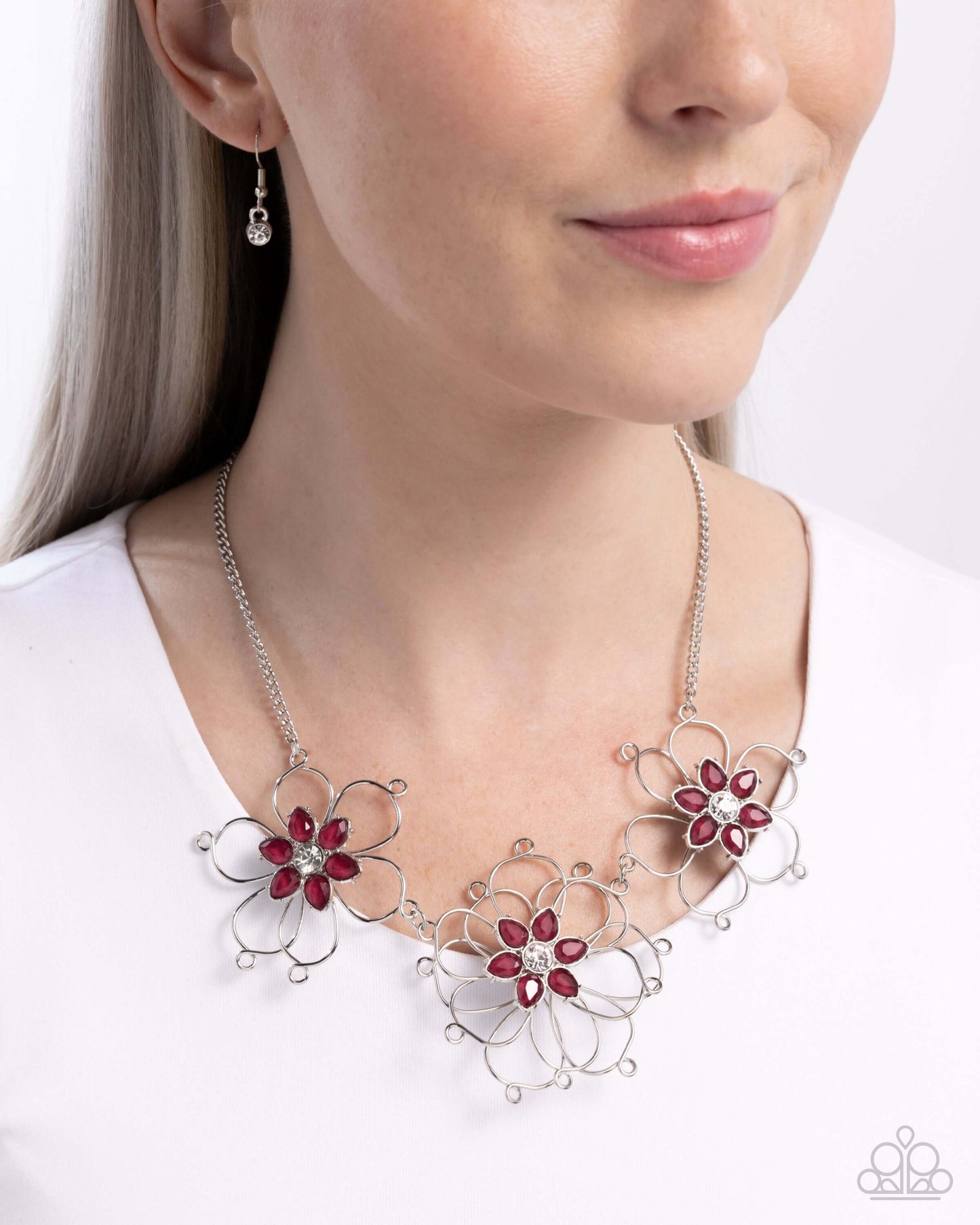 Wiry Welcome - Pink Paparazzi Necklace Accessories,Floral,Necklace,Pink,Short Necklace,Silver Accents