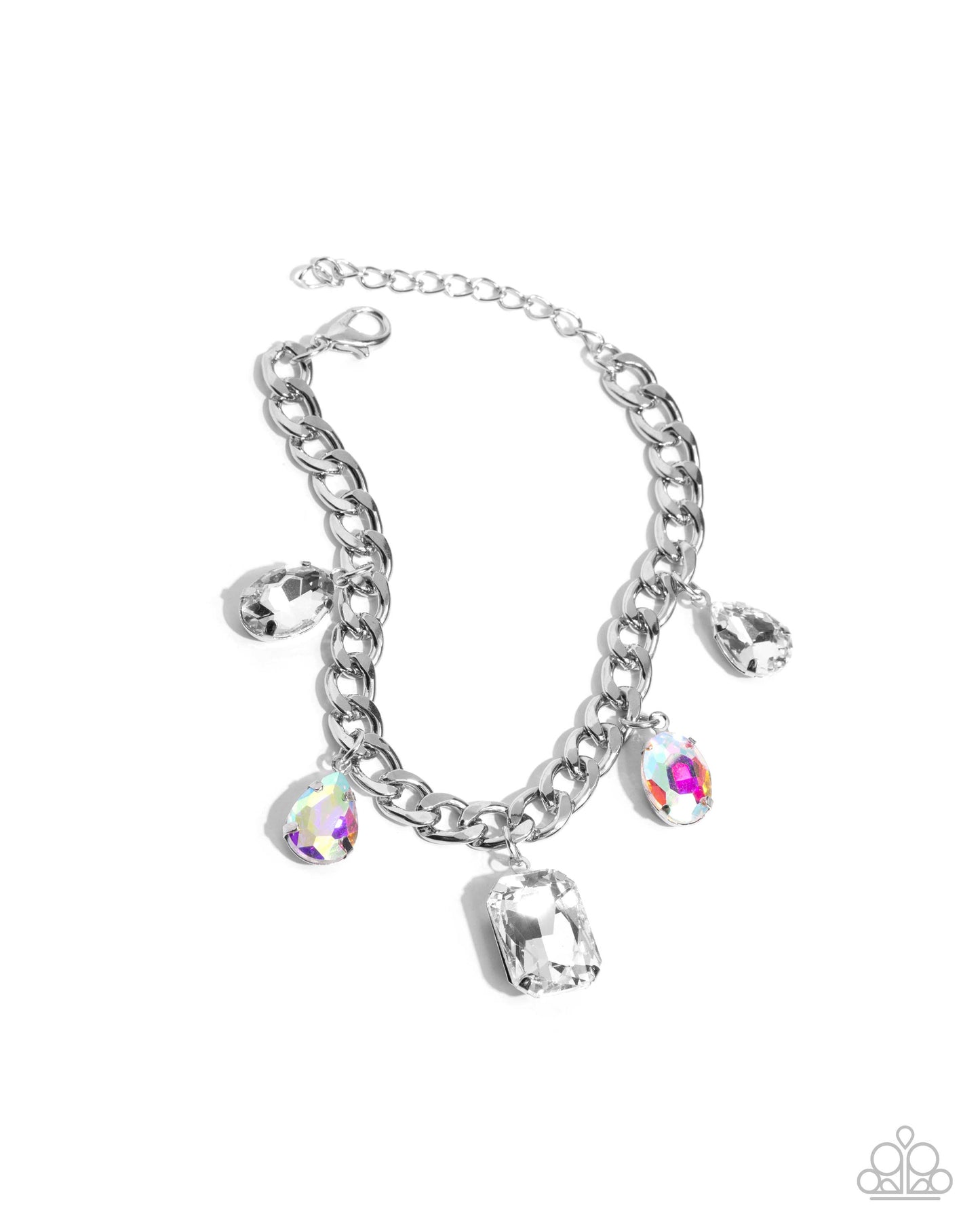Driving Dazzle - White Paparazzi Bracelet Accessories,Bracelet,Charms,Iridescence,Silver Accents,White rhinestones