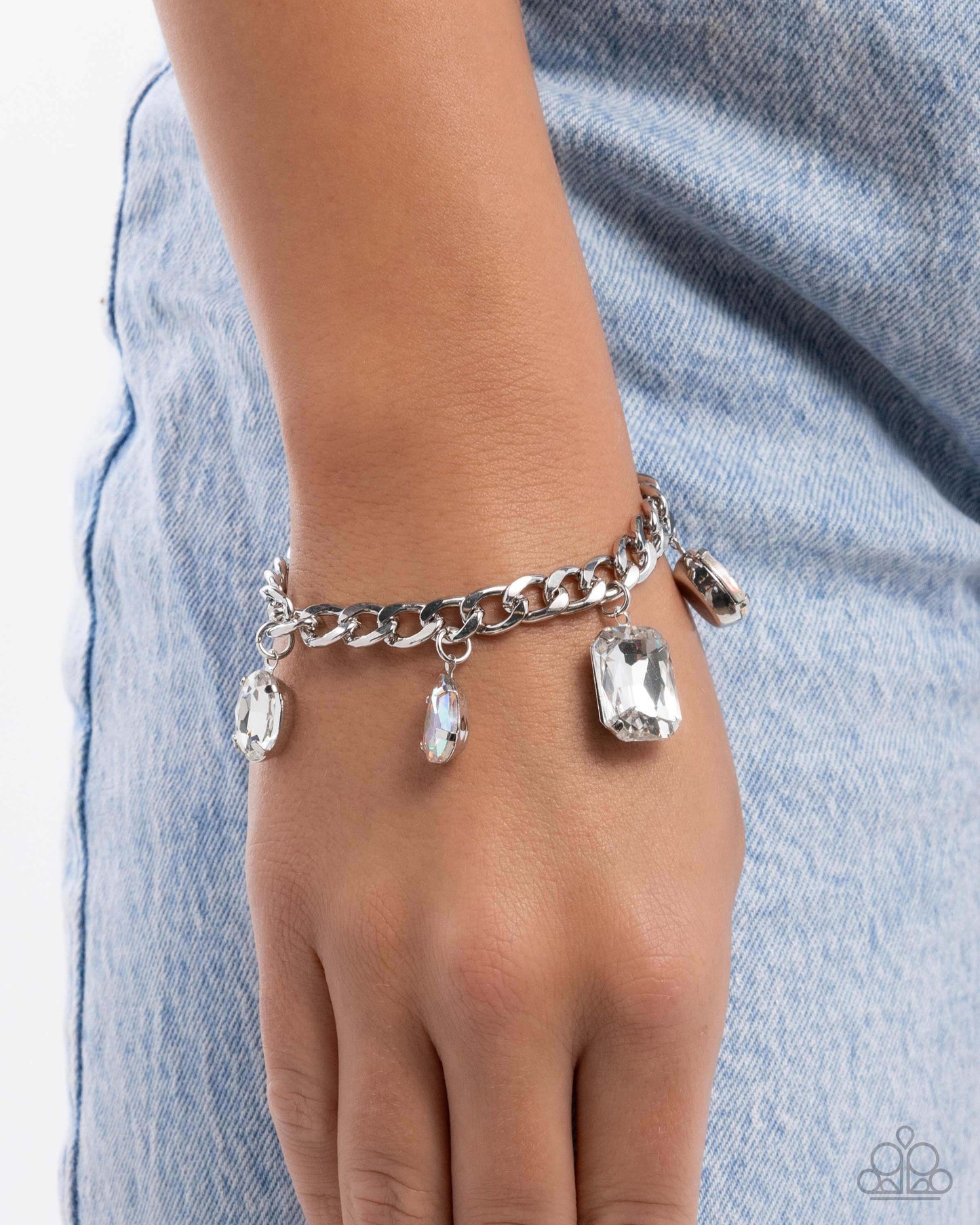 Driving Dazzle - White Paparazzi Bracelet Accessories,Bracelet,Charms,Iridescence,Silver Accents,White rhinestones