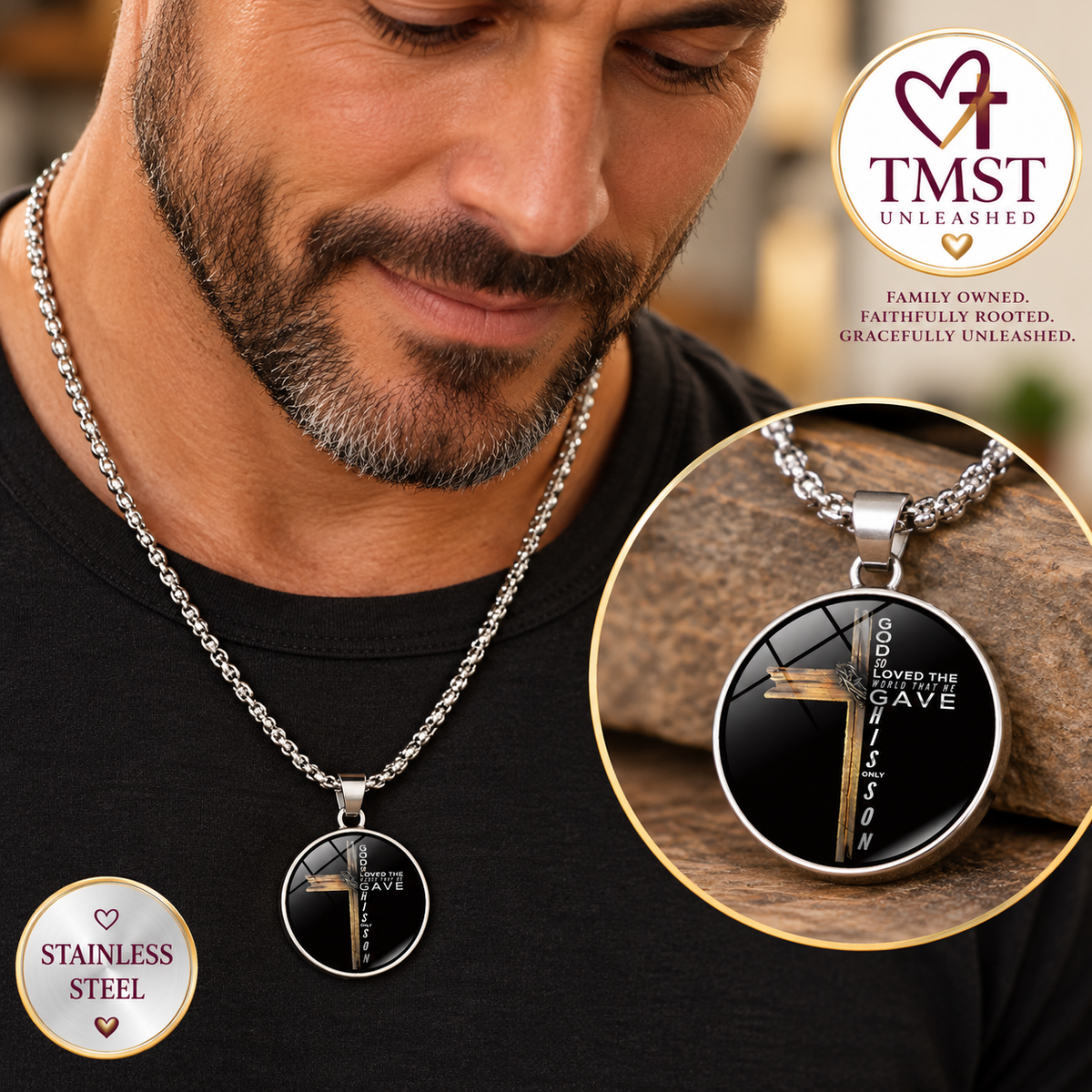 A man wearing a silver chain necklace with a round pendant featuring a cross and the words 'LOVE THE GAVE' on a black background. The image includes a close-up inset of the pendant, a stainless steel badge, and a TMST Unleashed logo in the top right.