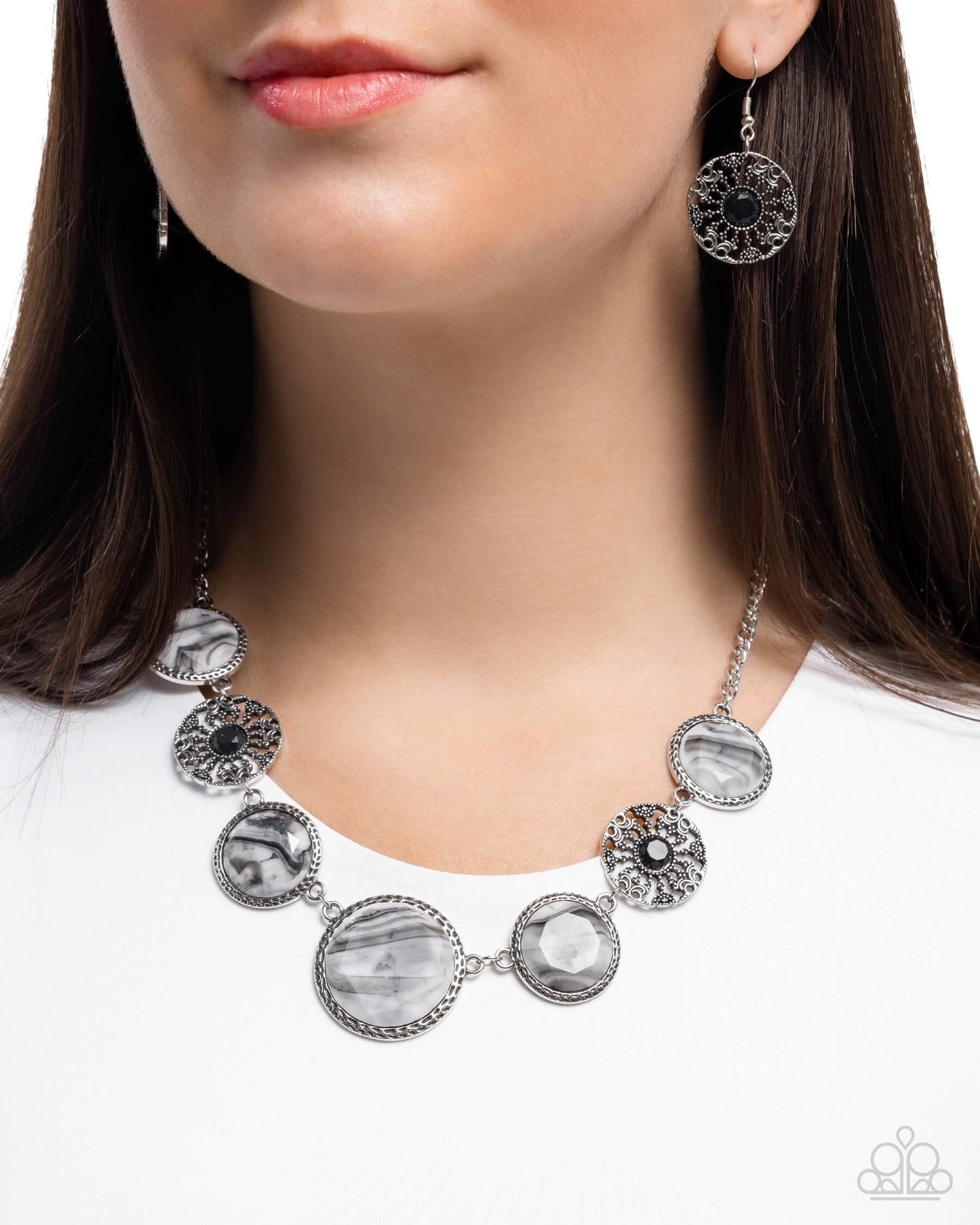 Gentle Glam - Black Paparazzi Necklace Accessories,Acrylic,Black,Gray,Marbled,Necklace,Short Necklace,Silver Accents
