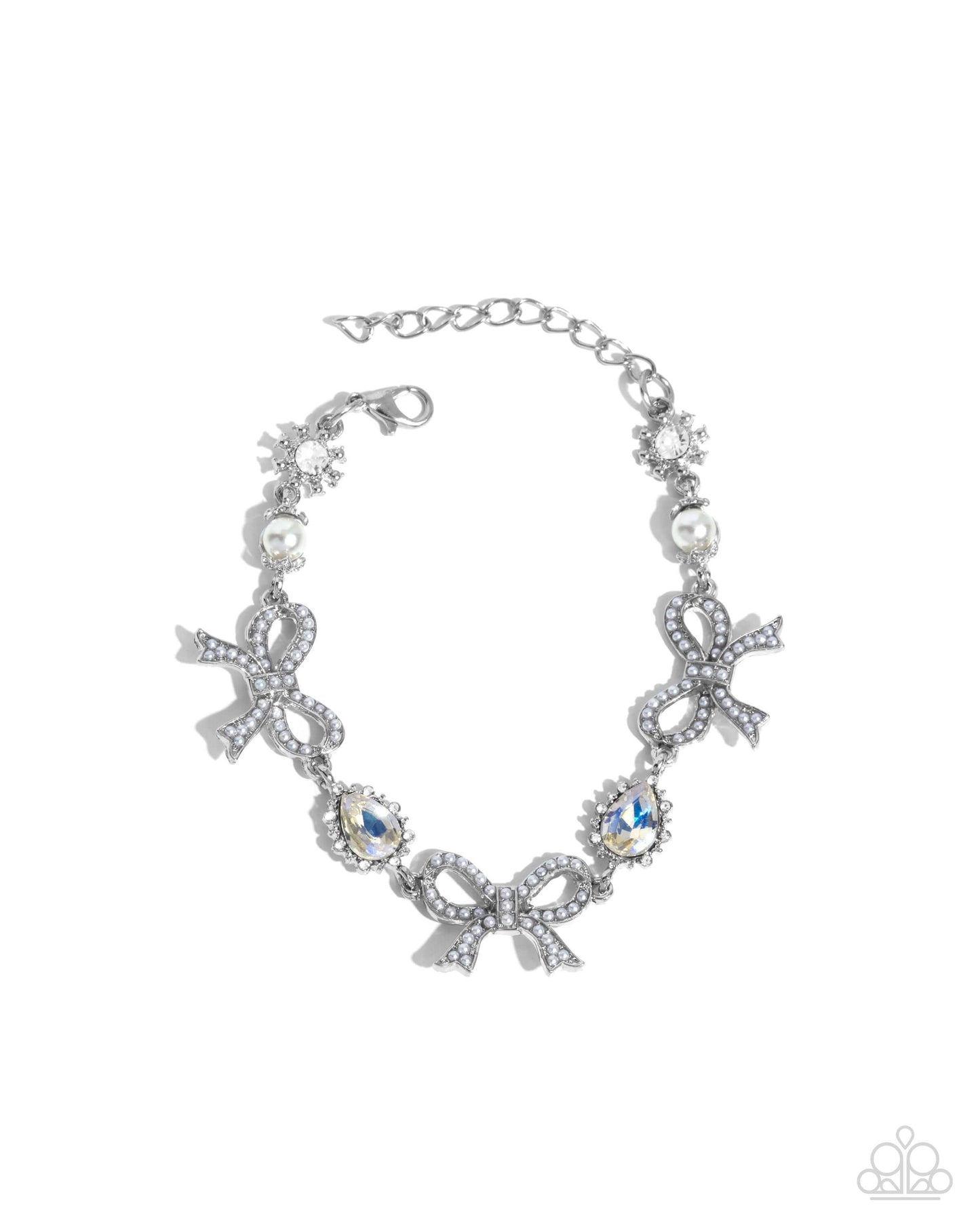 Coquette Caliber - White Paparazzi Bow Bracelet Accessories,Bow,Bracelet,Iridescence,Silver,Silver Accents,White,White rhinestones