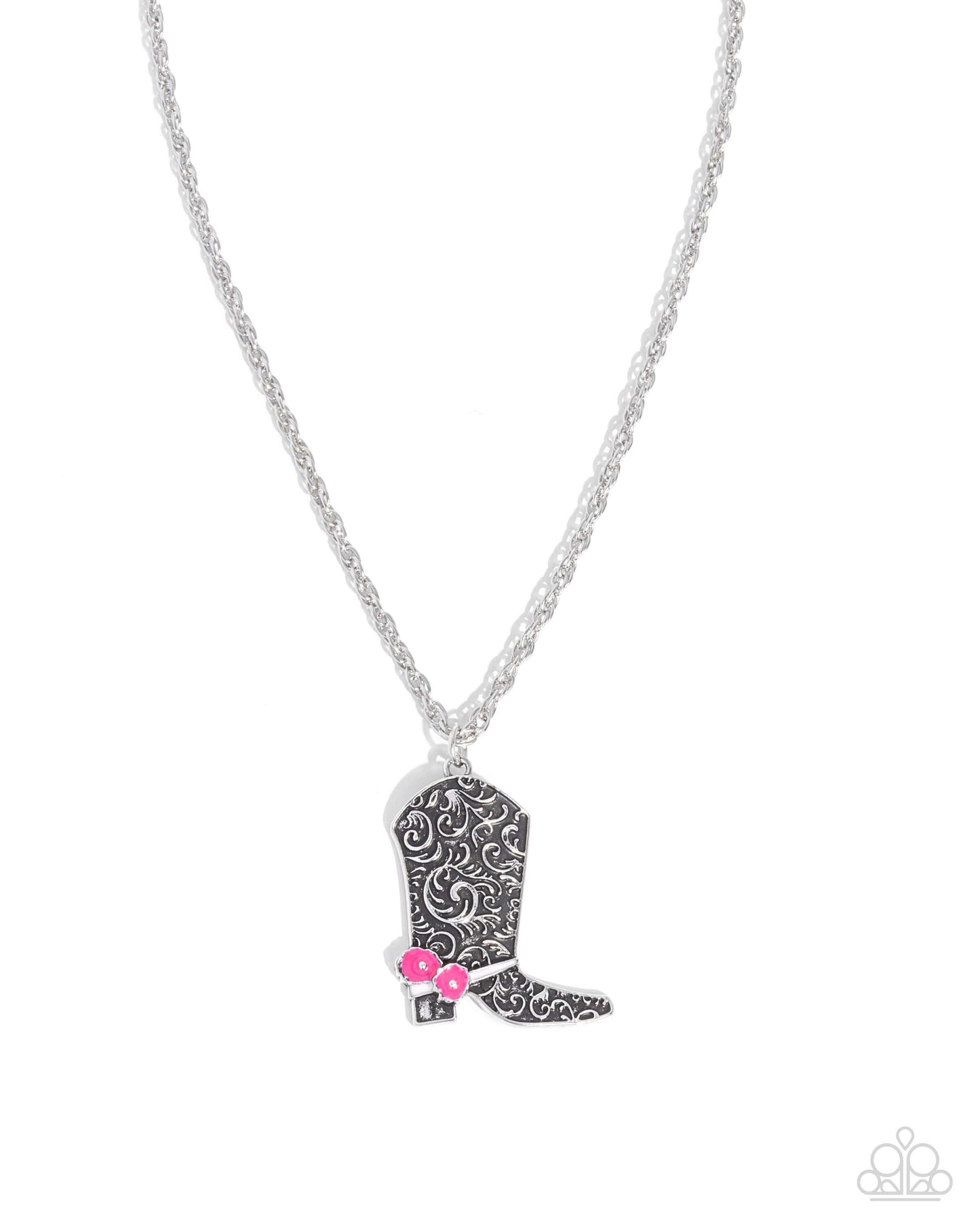 Blazing Boot - Pink Paparazzi Cowgirl Necklace Accessories,Necklace,Pink,Short Necklace,Silver Accents,Western,Western Design