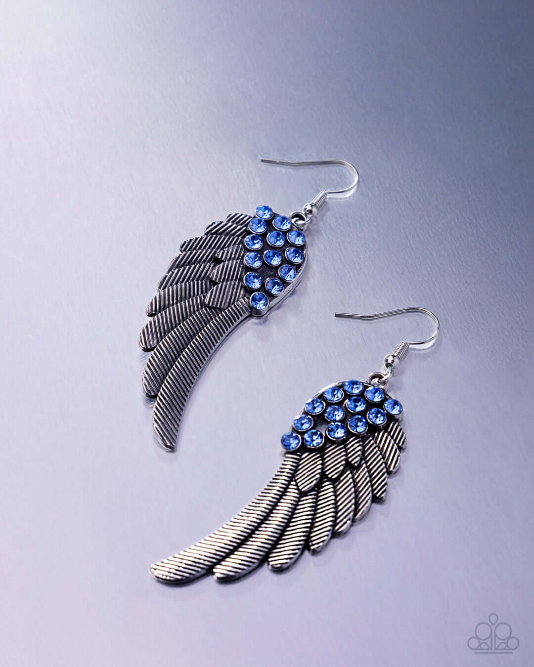 Angelic Abundance - Blue Paparazzi Angel Wing Earrings Accessories,Angel Wings,Blue,earrings,Faith,Silver Accents