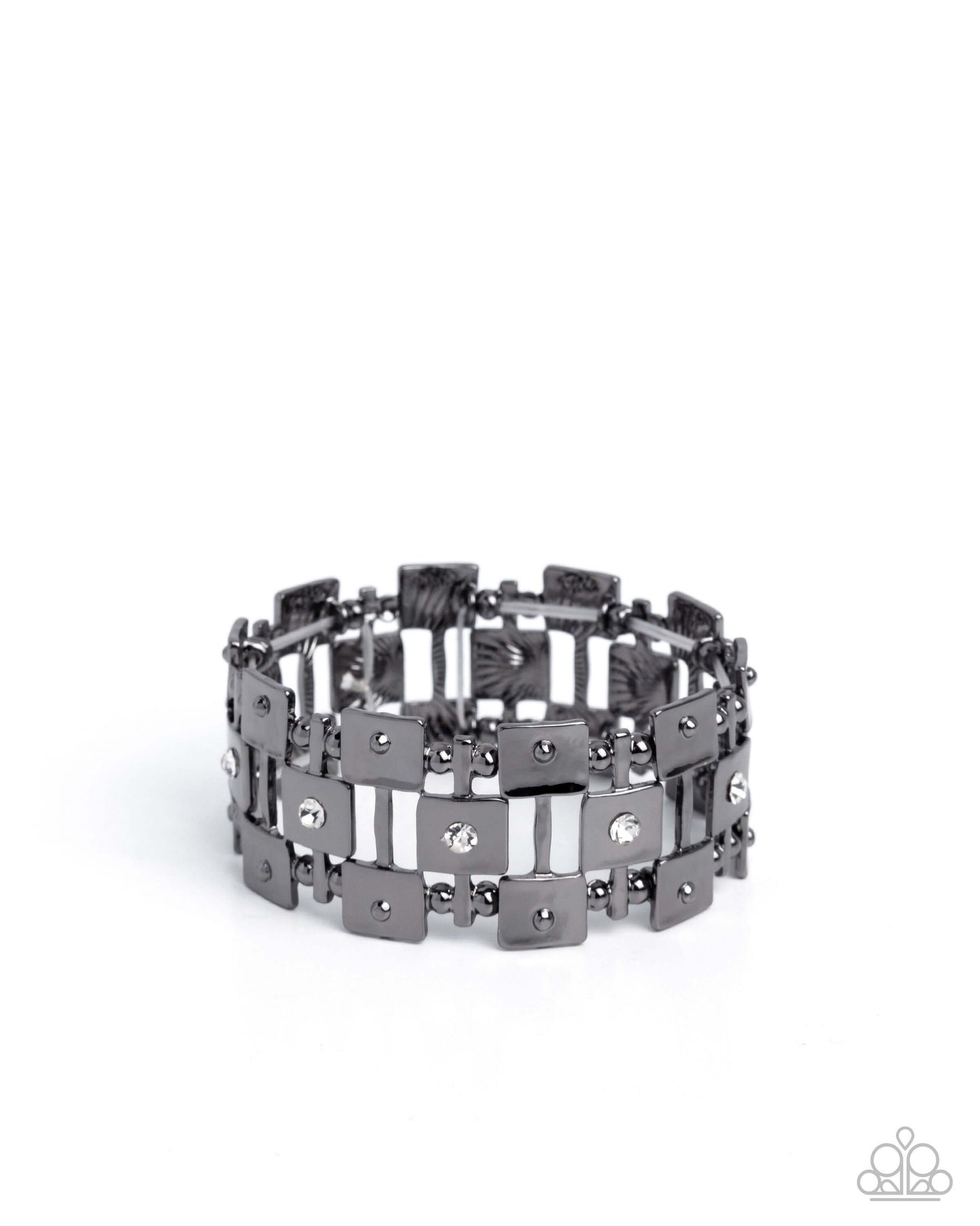 Puzzling Persistence - Black Paparazzi Bracelet Accessories,Black,Bracelet,Gunmetal,Stretchy,White rhinestones