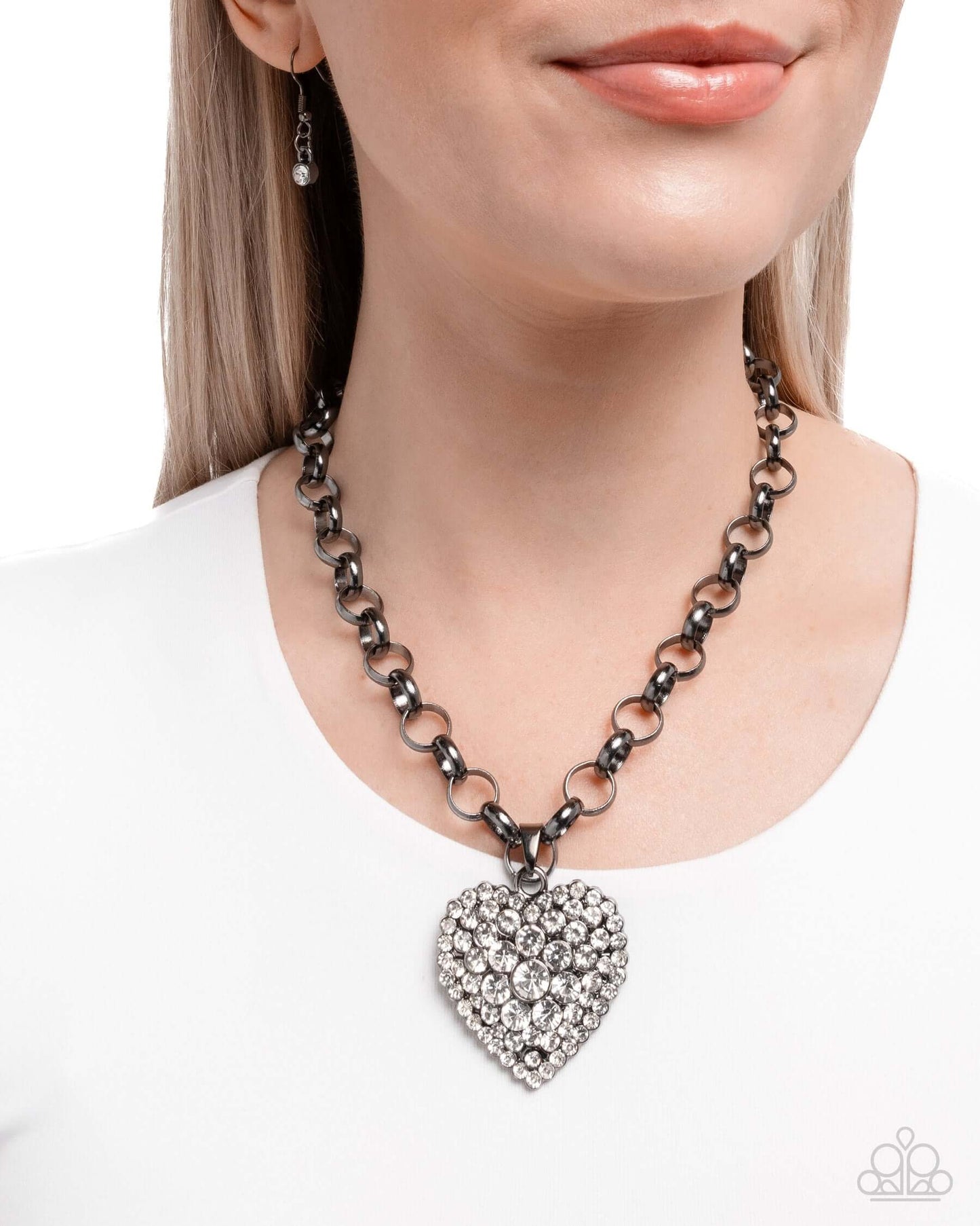 Heartfelt Havana - Black Paparazzi Heart Necklace Accessories,Black,Gunmetal,Necklace,Short Necklace,White rhinestones