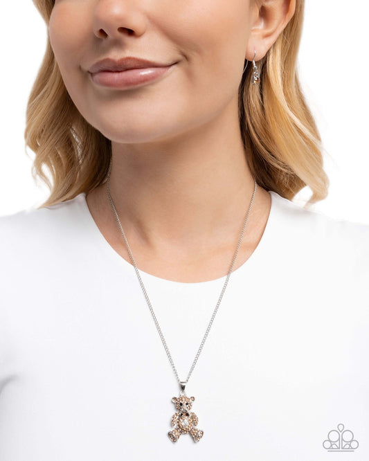 Twinkling Teddy - Brown Paparazzi Bear Necklace Accessories,Brown,Necklace,Short Necklace,Silver Accents,Teddy Bear