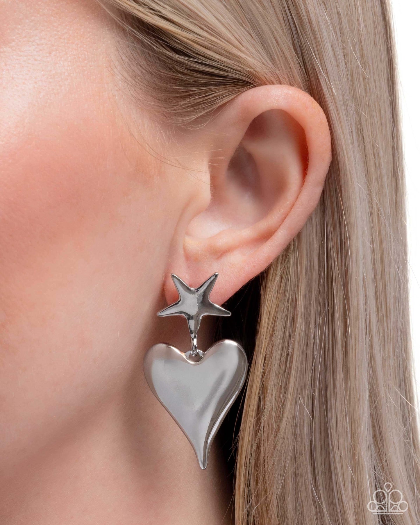 Dynamic Disposition - Silver Paparazzi Star Heart Earrings Accessories,earrings,Hearts,Post,Silver,Stars