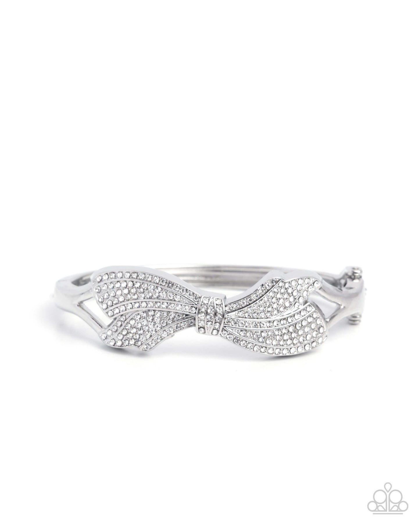 Blissful Bow - White Paparazzi Bracelet Accessories,Bow,Bracelet,hinge closure,Silver,White rhinestones