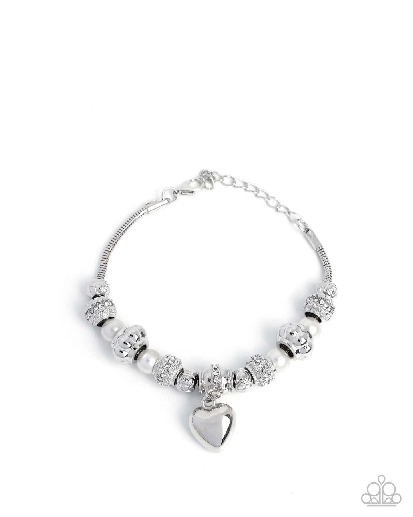 Pensive Polish - White Paparazzi Heart Bracelet Accessories,Bracelet,Hearts,Silver,White rhinestones