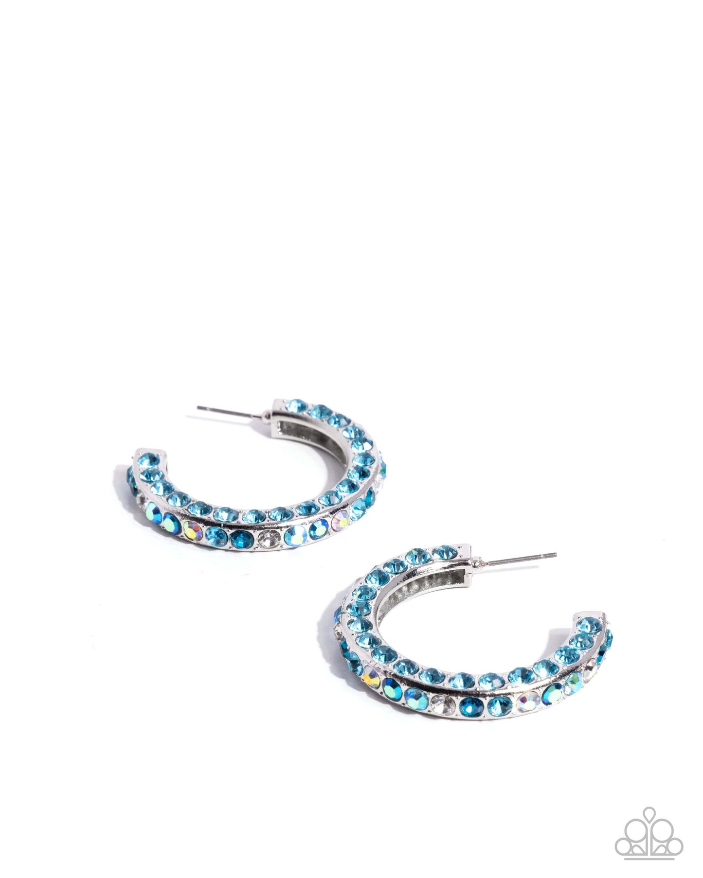 High-Level Haute - Blue Paparazzi Hoop Earrings featuring chunky silver hoops with vibrant blue rhinestones.