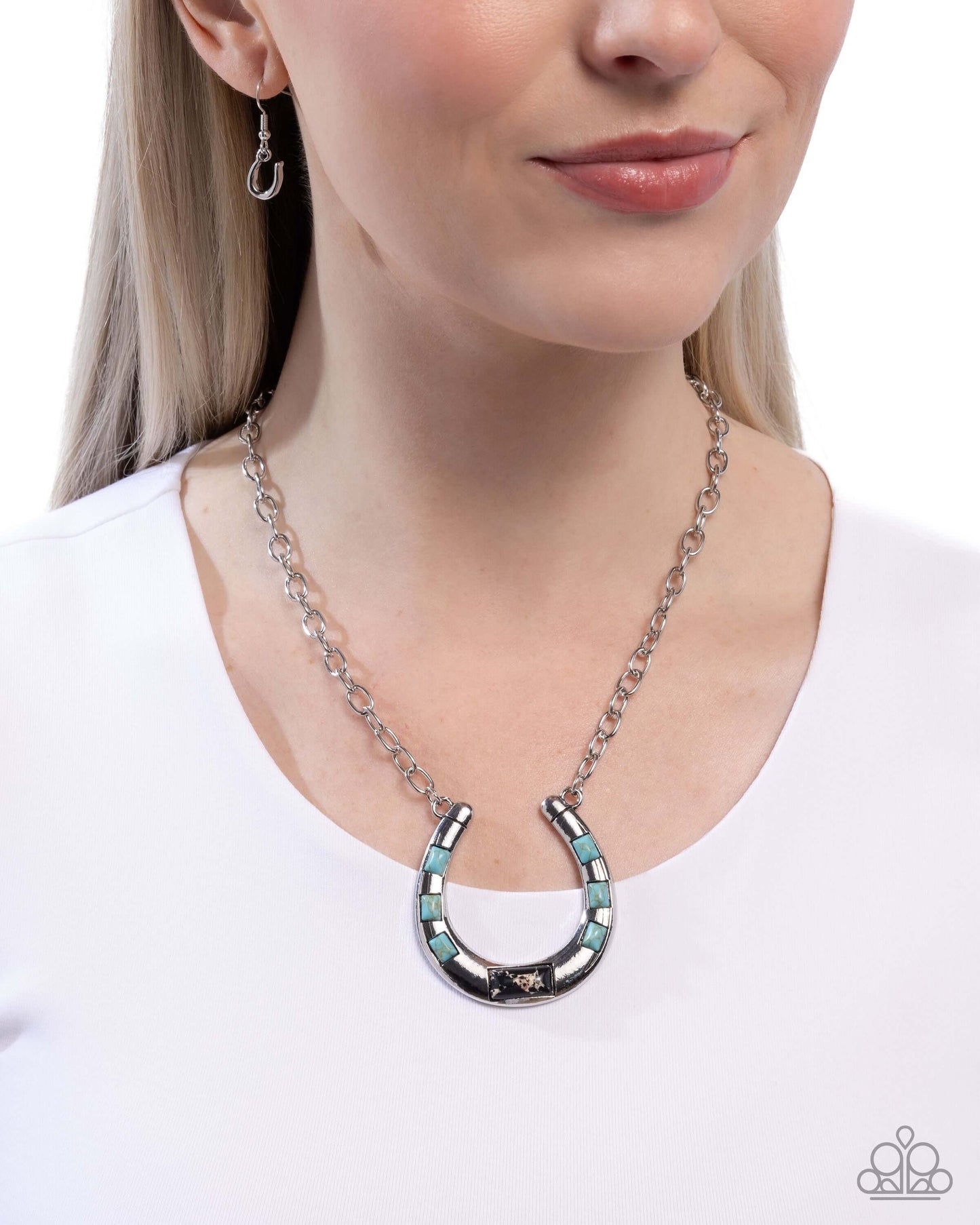 Horseshoe Homage - Black Paparazzi Turquoise Necklace Accessories,Black,Blue,Necklace,Short Necklace,Silver Accents,Turquoise