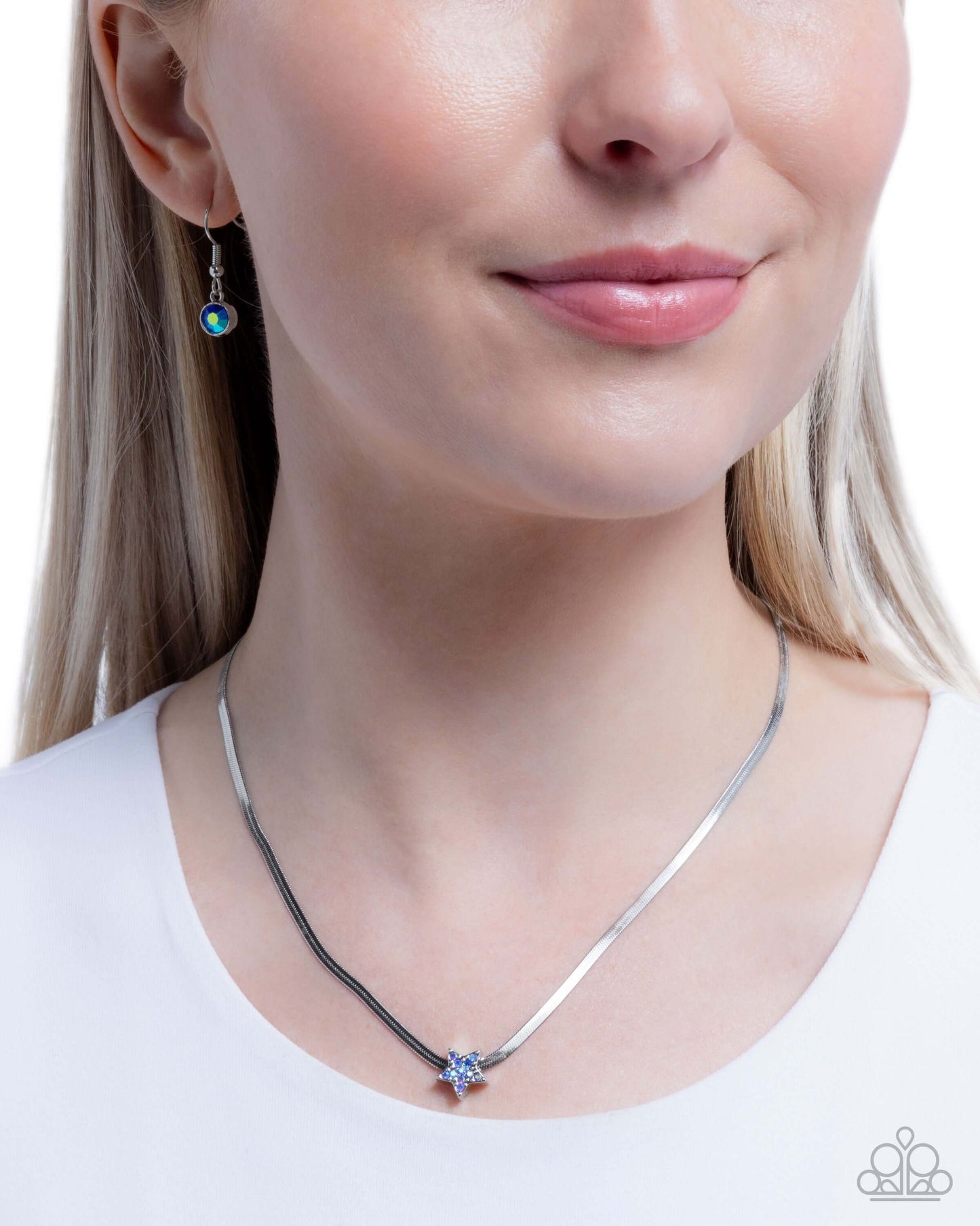 Straight Up Stellar - Blue Paparazzi Star Necklace Choker Accessories,Blue,Iridescence,Necklace,Short Necklace,Silver,Stars