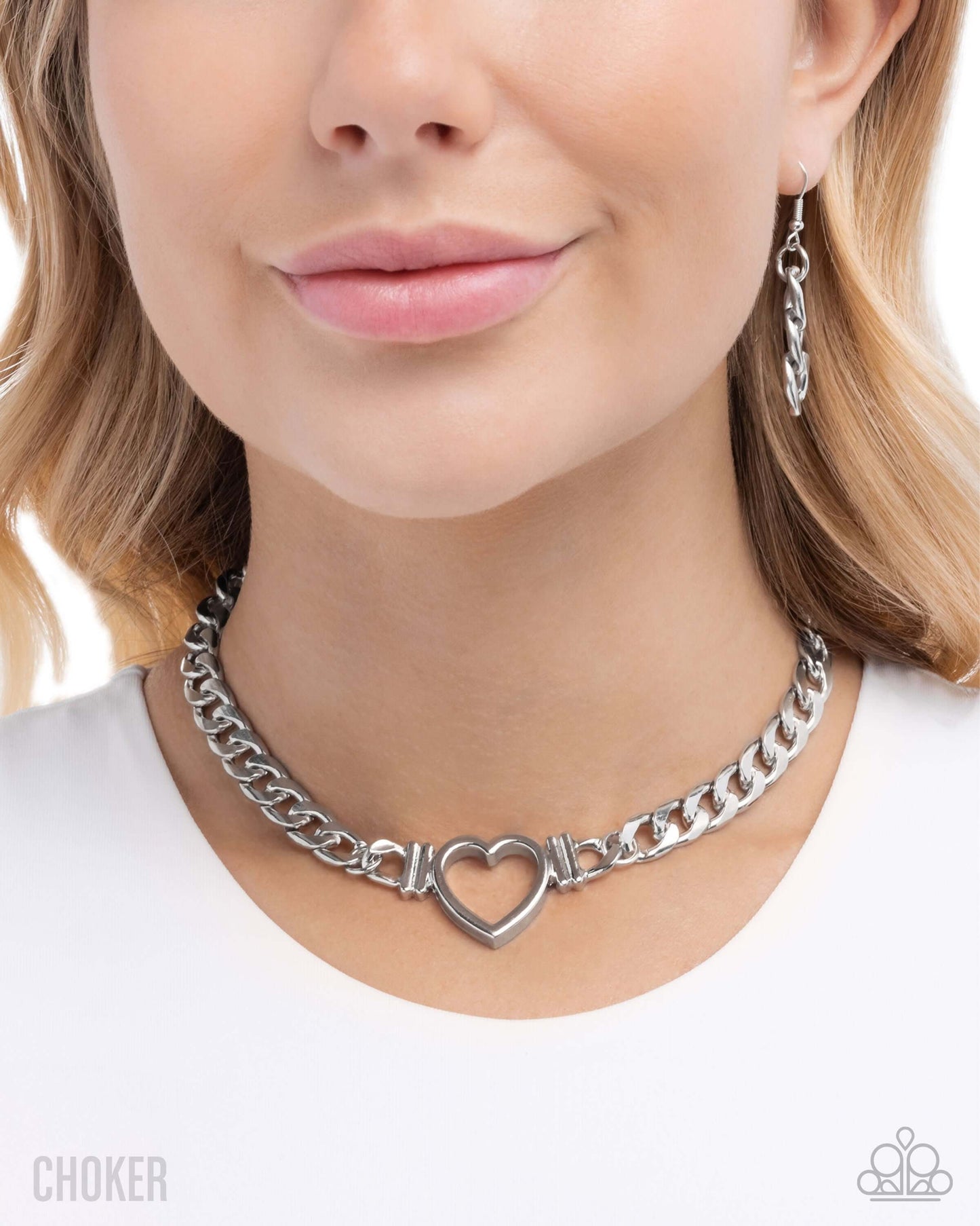 Heartfelt Hunch - Silver Paparazzi Necklace Choker Accessories,Choker,Hearts,Necklace,Short Necklace,Silver
