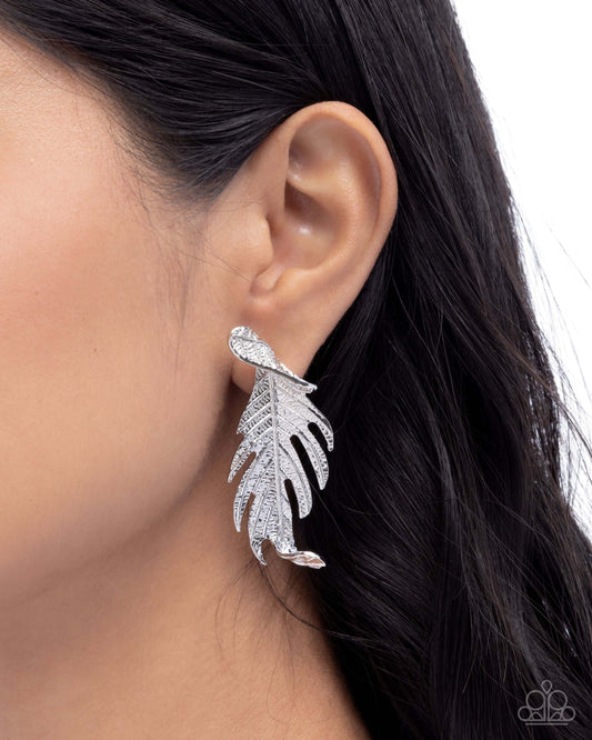 Leafy Lure - Silver Paparazzi Earrings Accessories,earrings,Leaf,Silver,White rhinestones