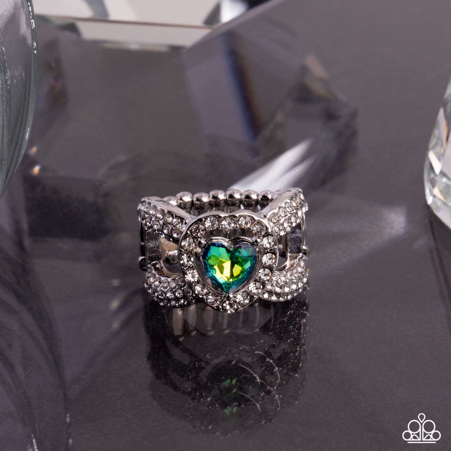 Lovely Levels - Green Paparazzi Heart Ring Accessories,Green,Hearts,Ring,Silver Accents