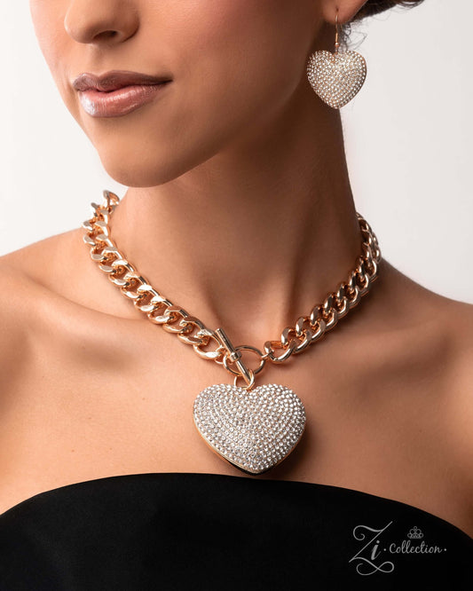 Enamored Paparazzi Zi Collection 2025 Accessories,Gold,Hearts,Necklace,Short Necklace,White rhinestones,ZiCollection