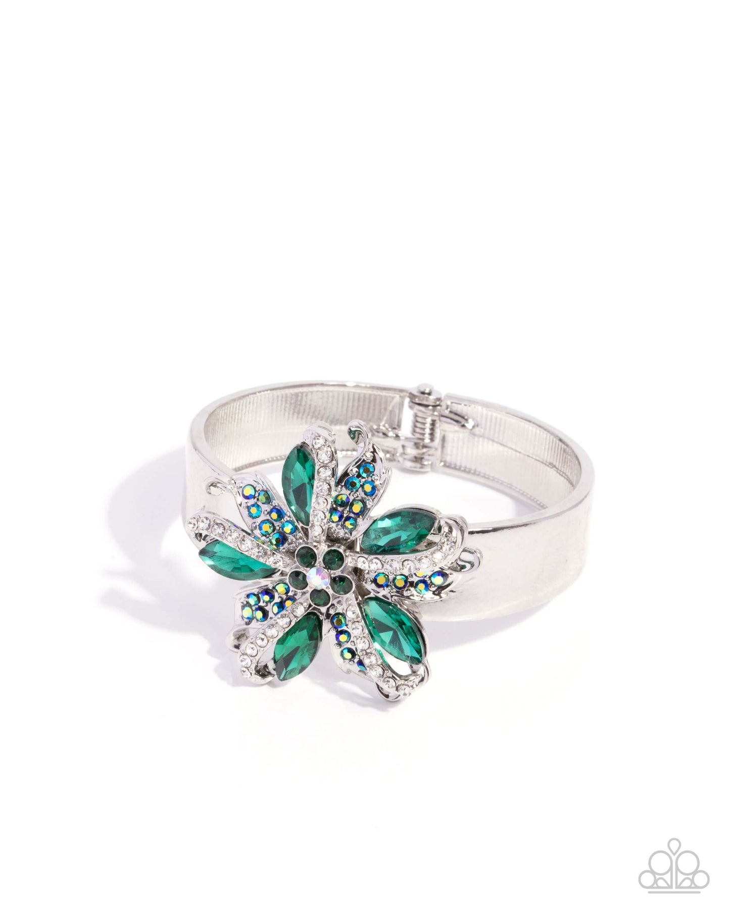 Encased Elite - Green Paparazzi Hinge Bracelet Accessories,Bracelet,Floral,Green,hinge closure,Iridescence,Silver Accents