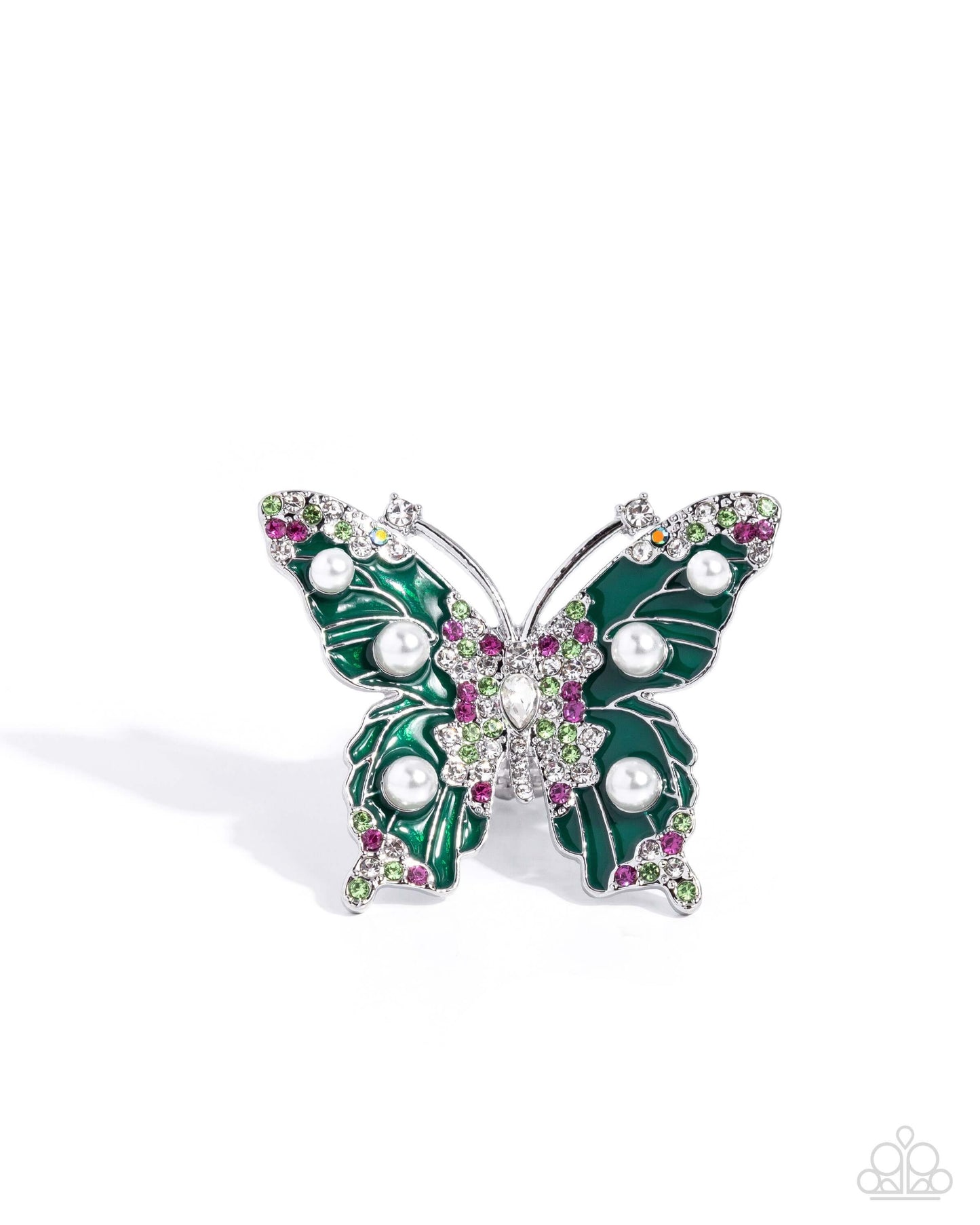 Fluttering Formal - Green Paparazzi Butterfly Ring Accessories,Butterfly,Green,Multicolor,Pink,Ring,Silver Accents