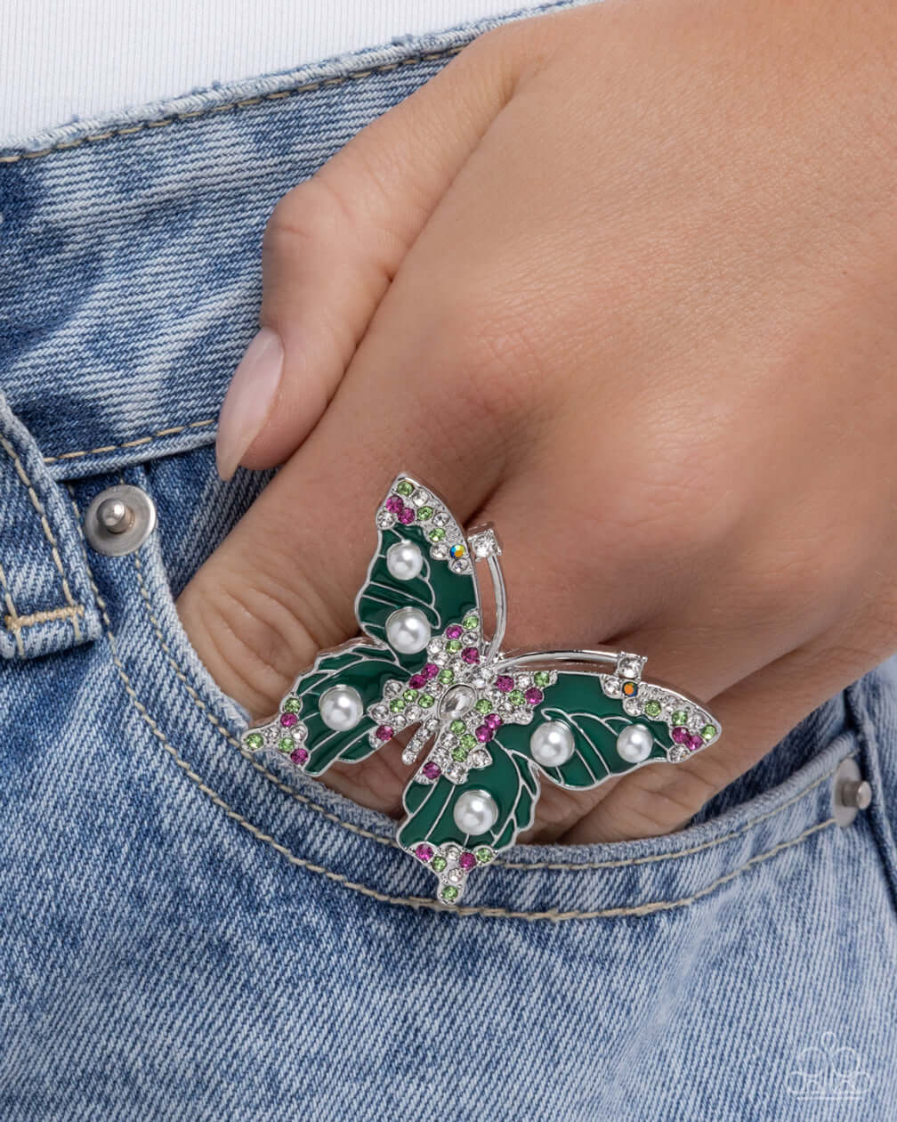 Fluttering Formal - Green Paparazzi Butterfly Ring Accessories,Butterfly,Green,Multicolor,Pink,Ring,Silver Accents