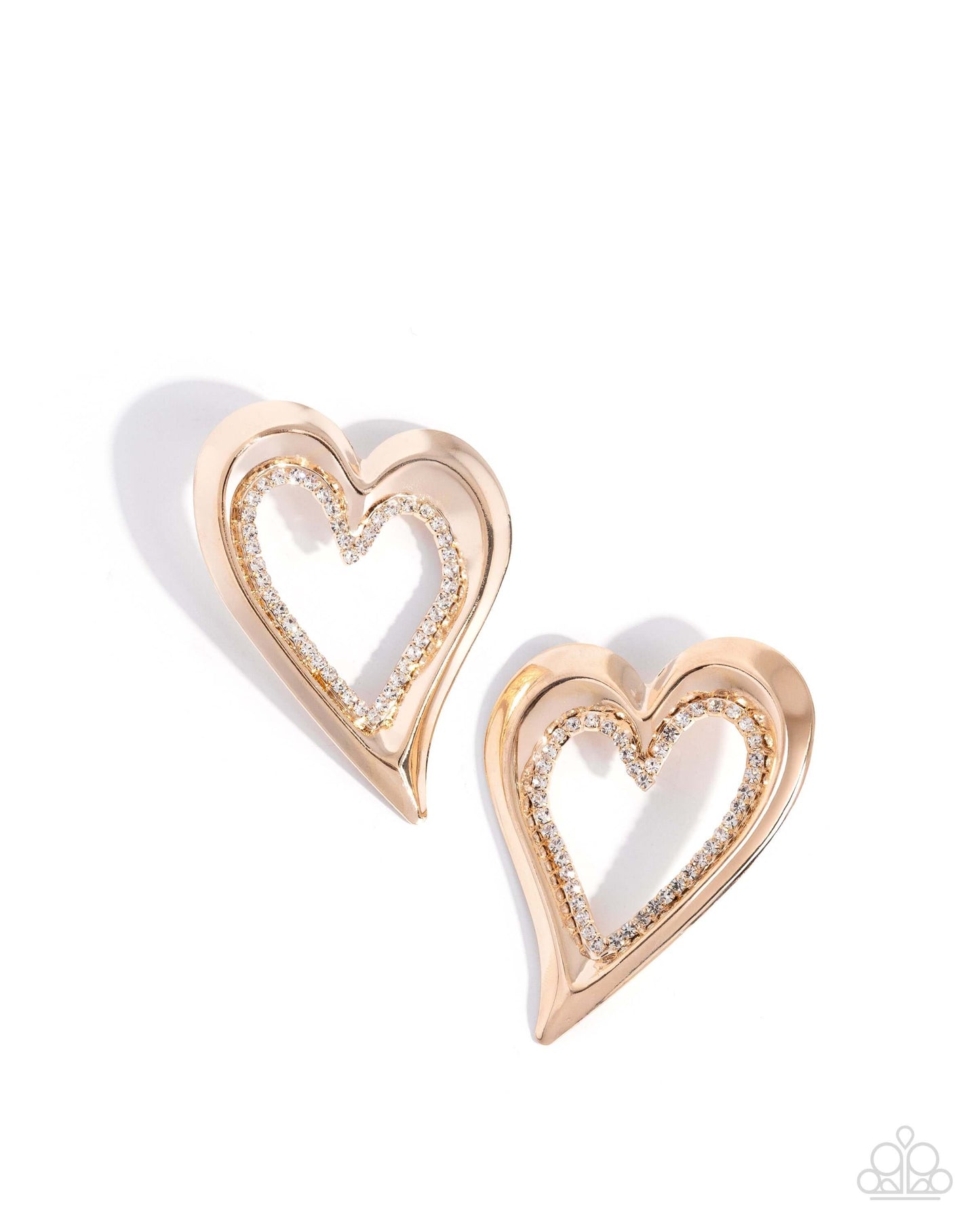 Cupid Chic - Gold Paparazzi Heart Earrings Accessories,earrings,Gold,Hearts,Post,White rhinestones