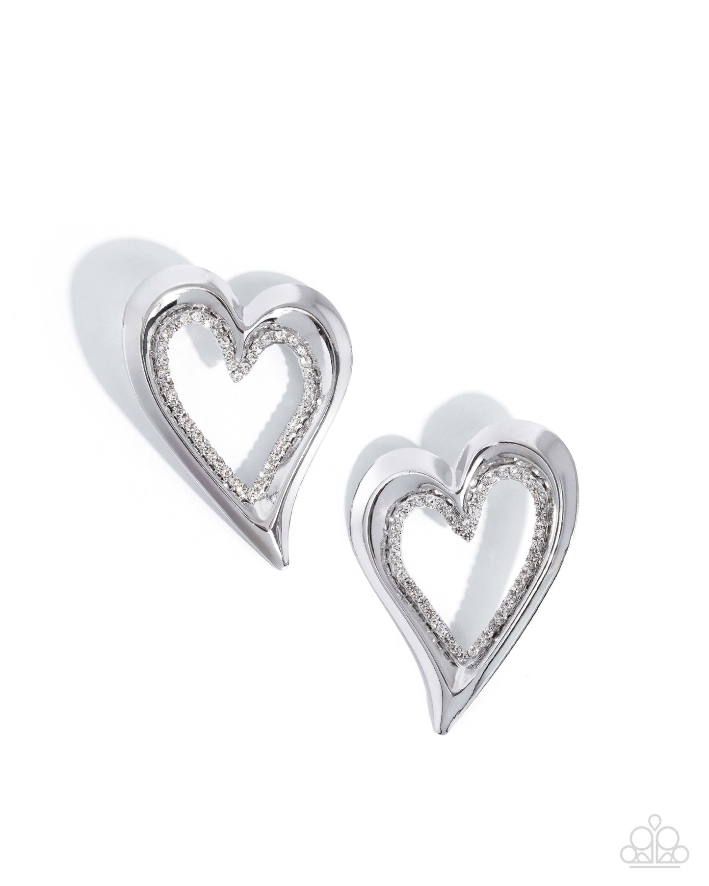 Cupid Chic - White Paparazzi Heart Post Earrings Accessories,earrings,Hearts,Post,Silver,White rhinestones