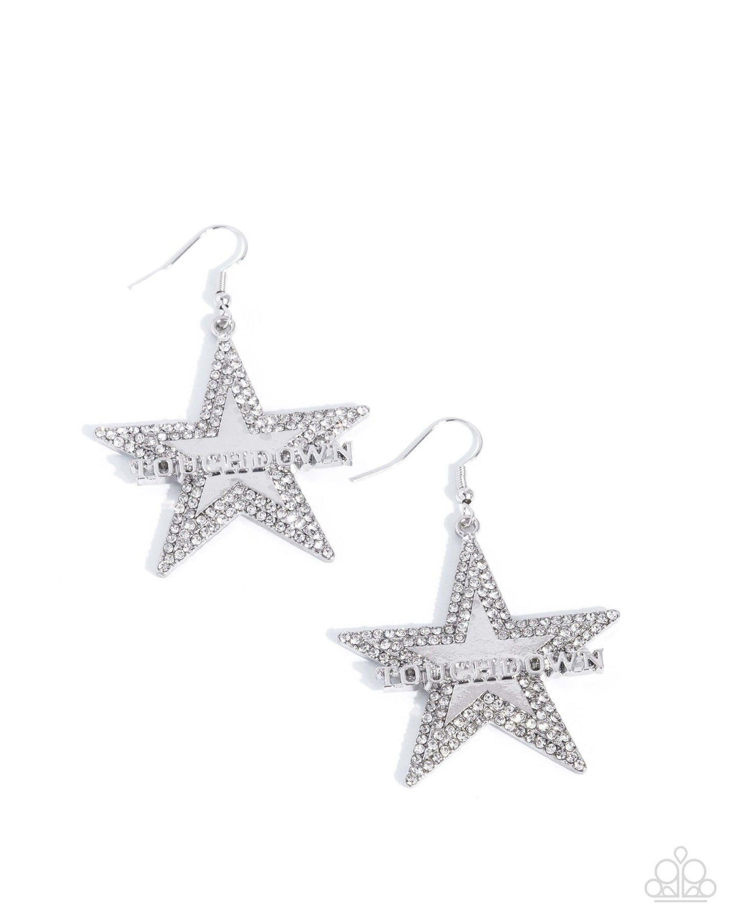 Touchdown Tribute - White Paparazzi Star Sports Earrings Accessories,earrings,Silver,Sports,Stars,White rhinestones