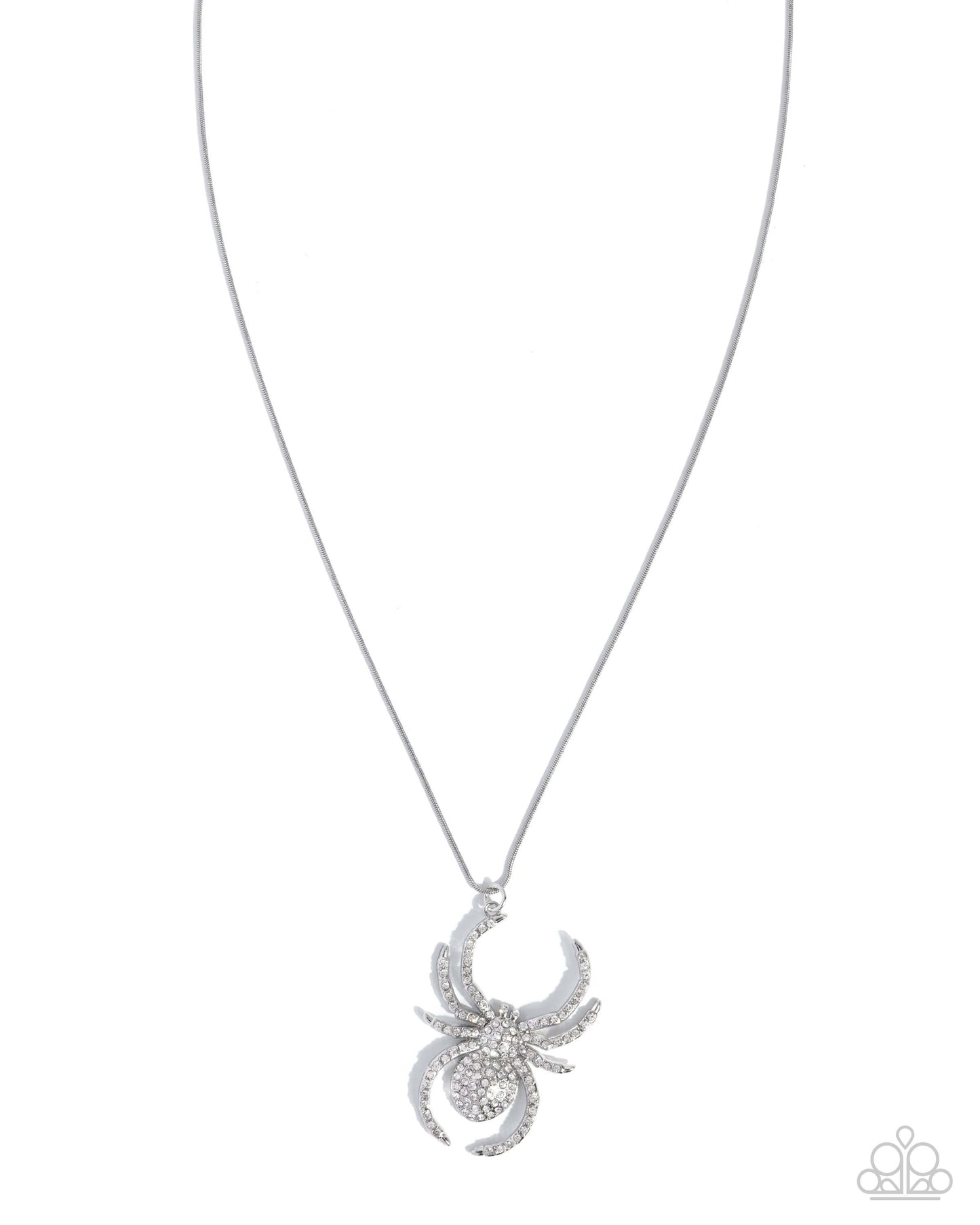Spider Story - White Paparazzi Halloween Necklace Accessories,Necklace,Seasonal,Short Necklace,Silver,White rhinestones