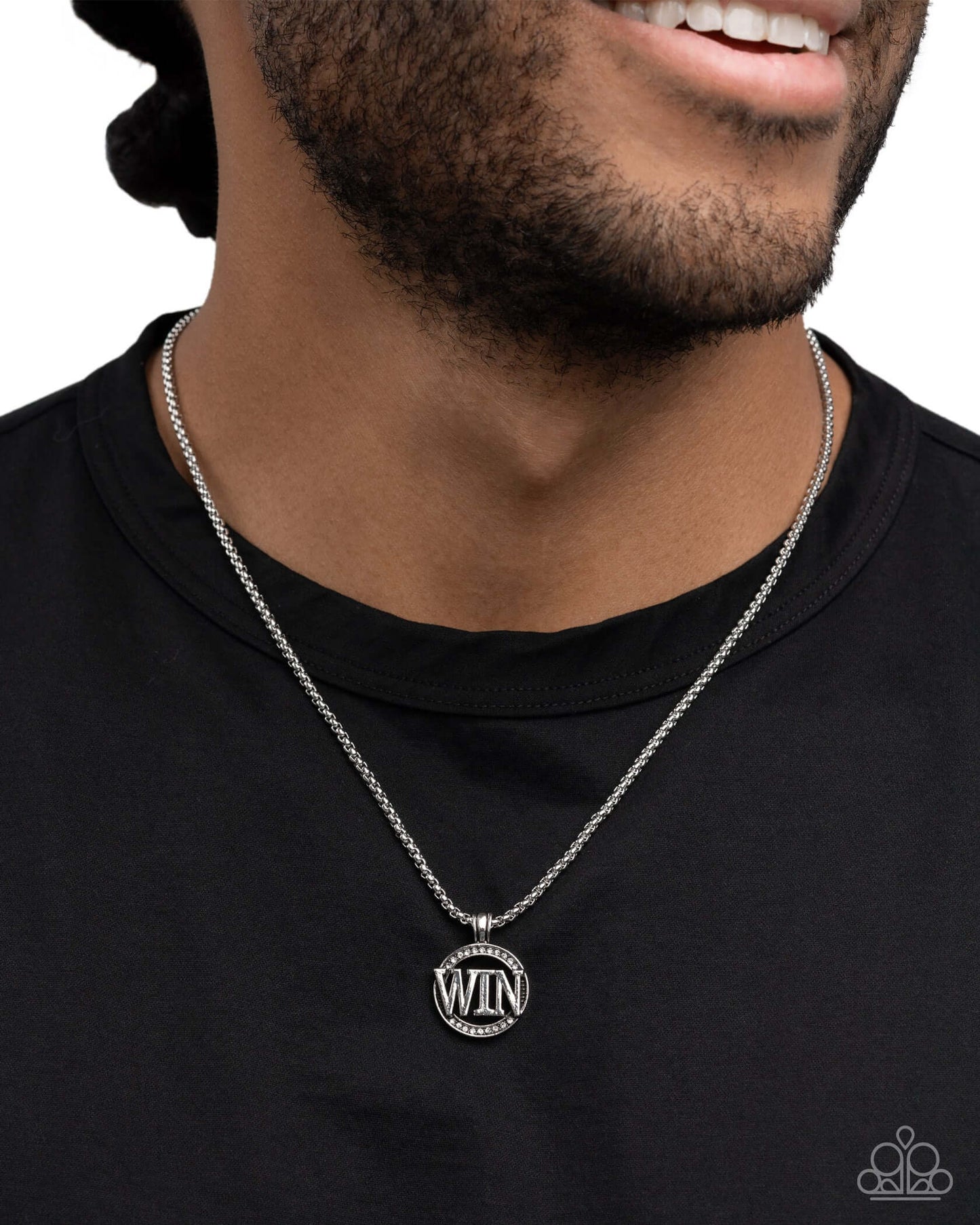 Fight to Win - Silver Paparazzi Necklaces Accessories,Inspirational,Mens Accessories,Necklace,Short Necklace,Silver,White rhinestones