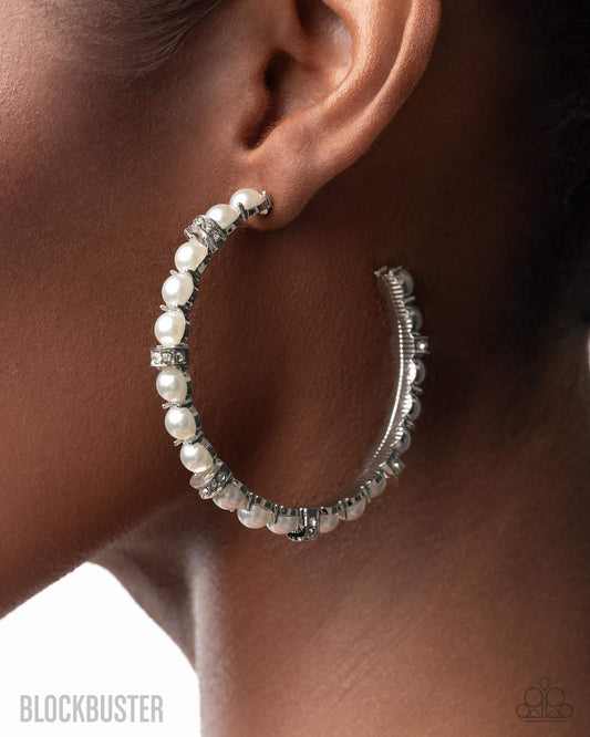 Classical Ballet - White Blockbuster Paparazzi Hoop Earrings Accessories,earrings,Hoops,Pearls,Silver,White rhinestones