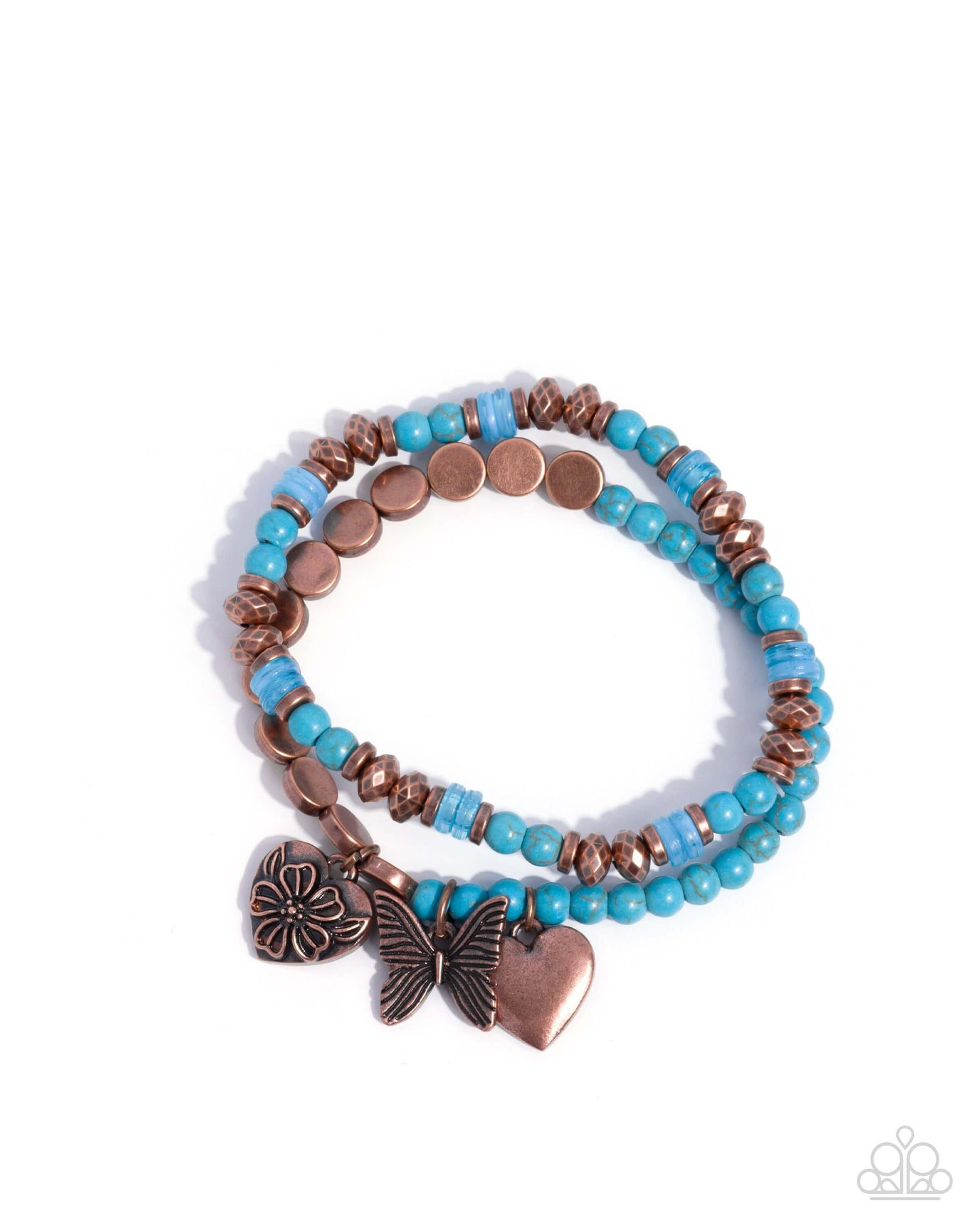 Gliding Greeting - Copper Paparazzi Charm Turquoise Bracelet Accessories,Bracelet,Brown,Charms,Copper,Stretchy,Turquoise
