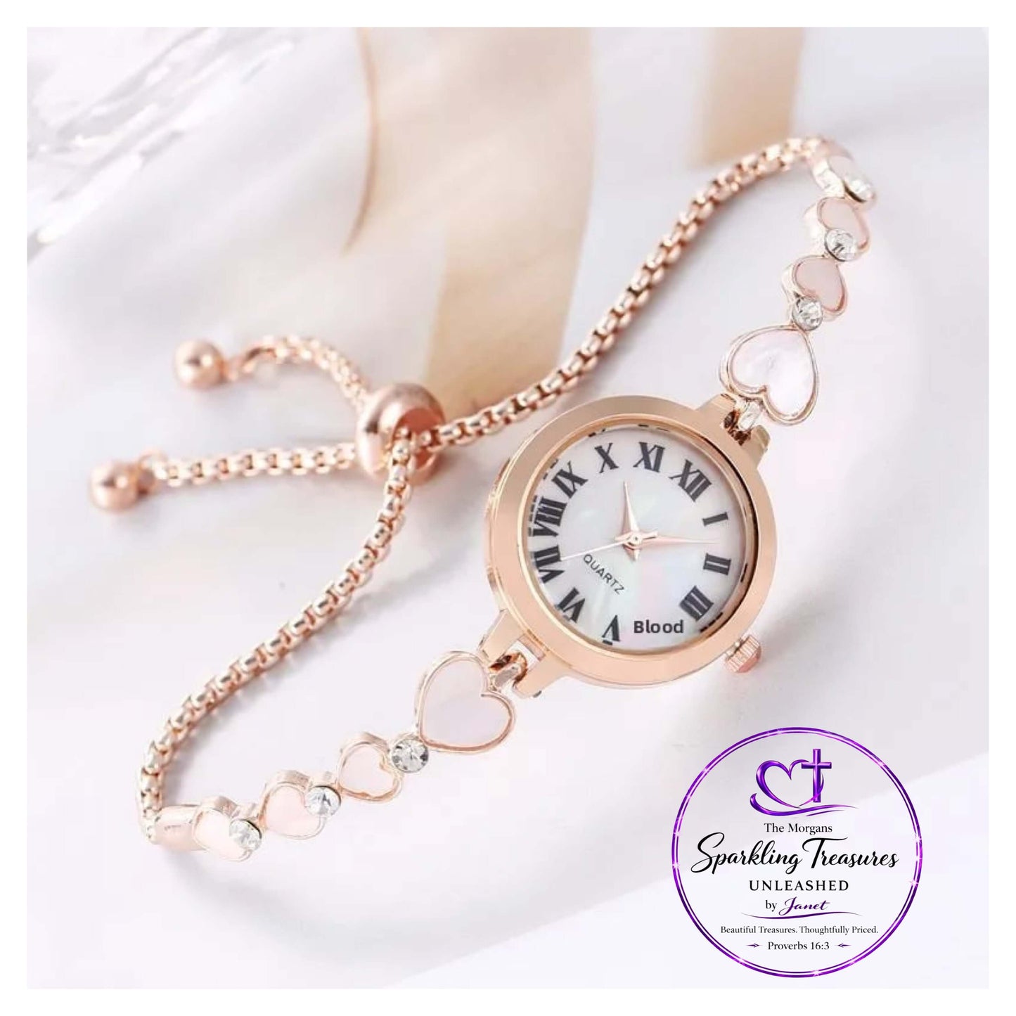 Timeless Hearts Adjustable Woman's Watch Bracelet Rose Gold Accessories,Heart Jewelry,Hearts,Hearts Collection,Rose Gold,Sliding Knot Closure,Slip Knot Closure,UNLEASHED COLLECTION,Watch