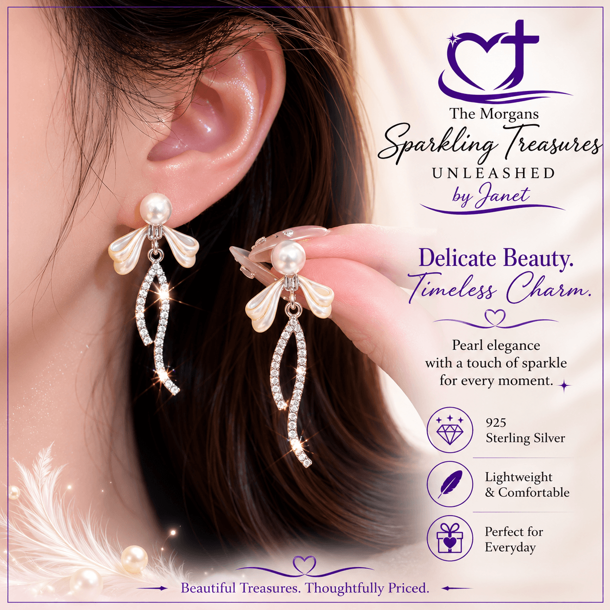 Pearl earrings with silver accents worn by a person, displayed against a soft background with brand information.