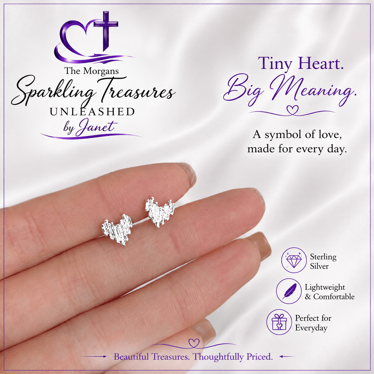 Silver heart-shaped earrings on a hand with promotional text about 'The Morgans Sparkling Treasures Unleashed by Janet'.