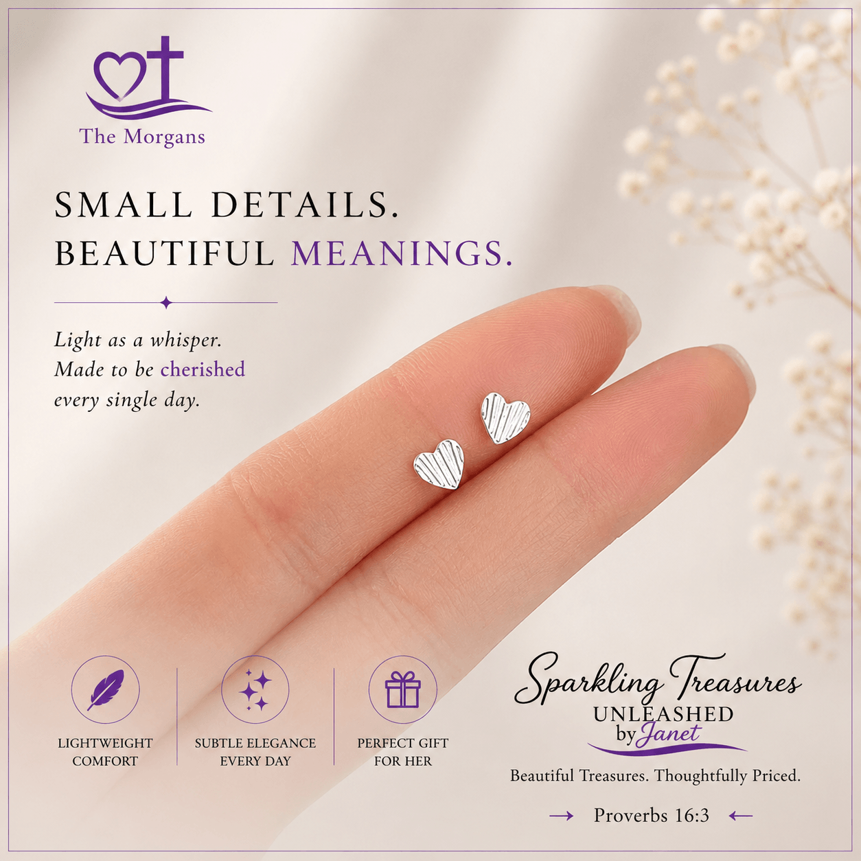 Silver heart-shaped earrings on a finger with 'The Morgans' branding and product description text.