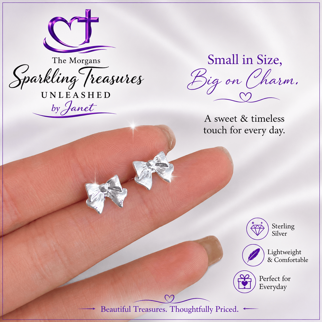 Silver bow earrings on a hand with 'The Morgans Sparkling Treasures' branding.
