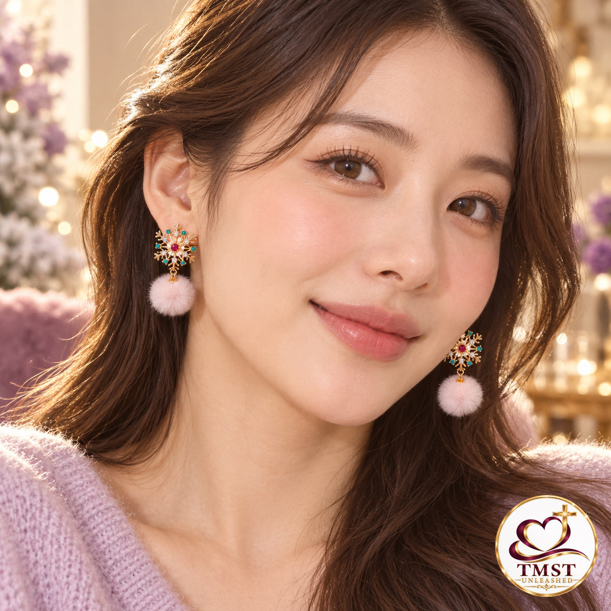 Blushing Snowfall™ Pom-Pom Earrings shown in use
