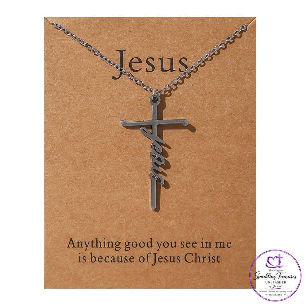 Faith cross necklace featuring the word Jesus, symbolizing faith and style, perfect for everyday wear.
