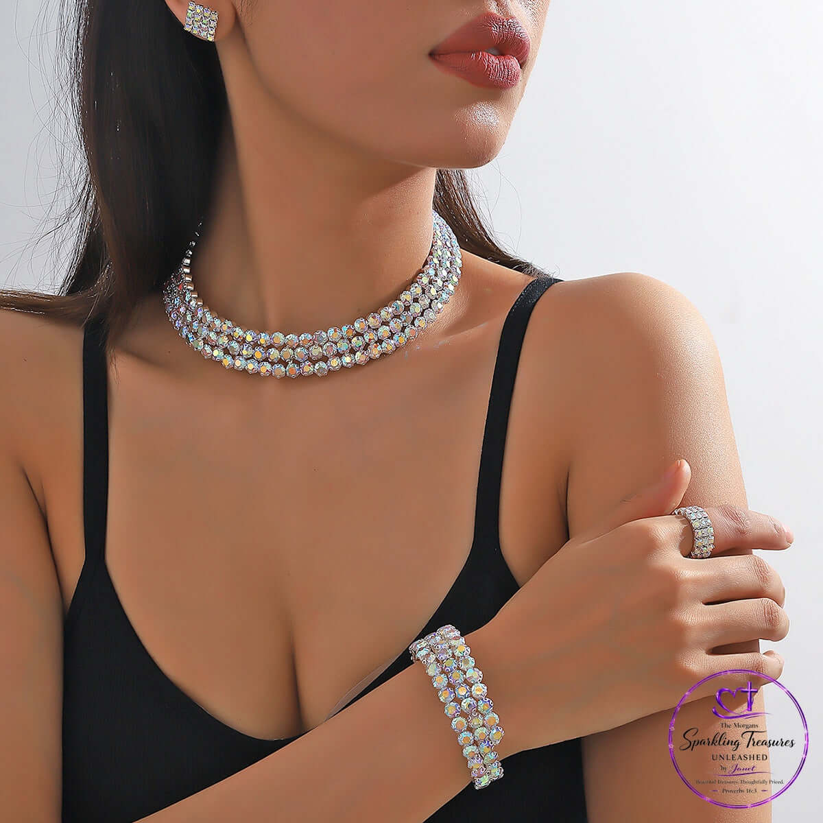 Radiant Layers™ rhinestone jewelry set with choker, bracelet, and earrings showcasing sparkling details.